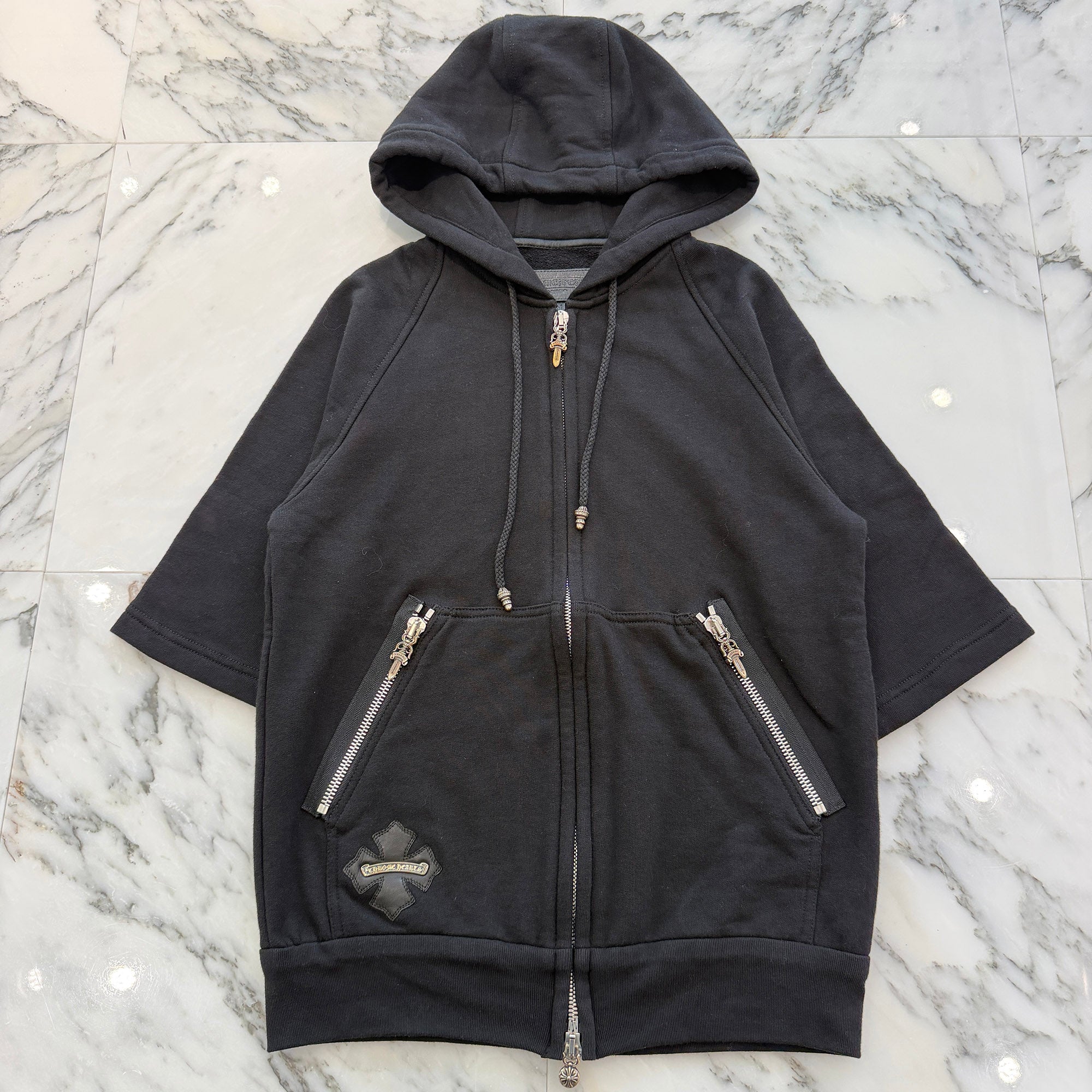 CHROME HEARTS CH Plus Leather Patch Short Sleeve Zip Up Hoodie Size M クロムハーツ CHプラス レザーパッチ ショートスリーブジップアップフーディー サイズM