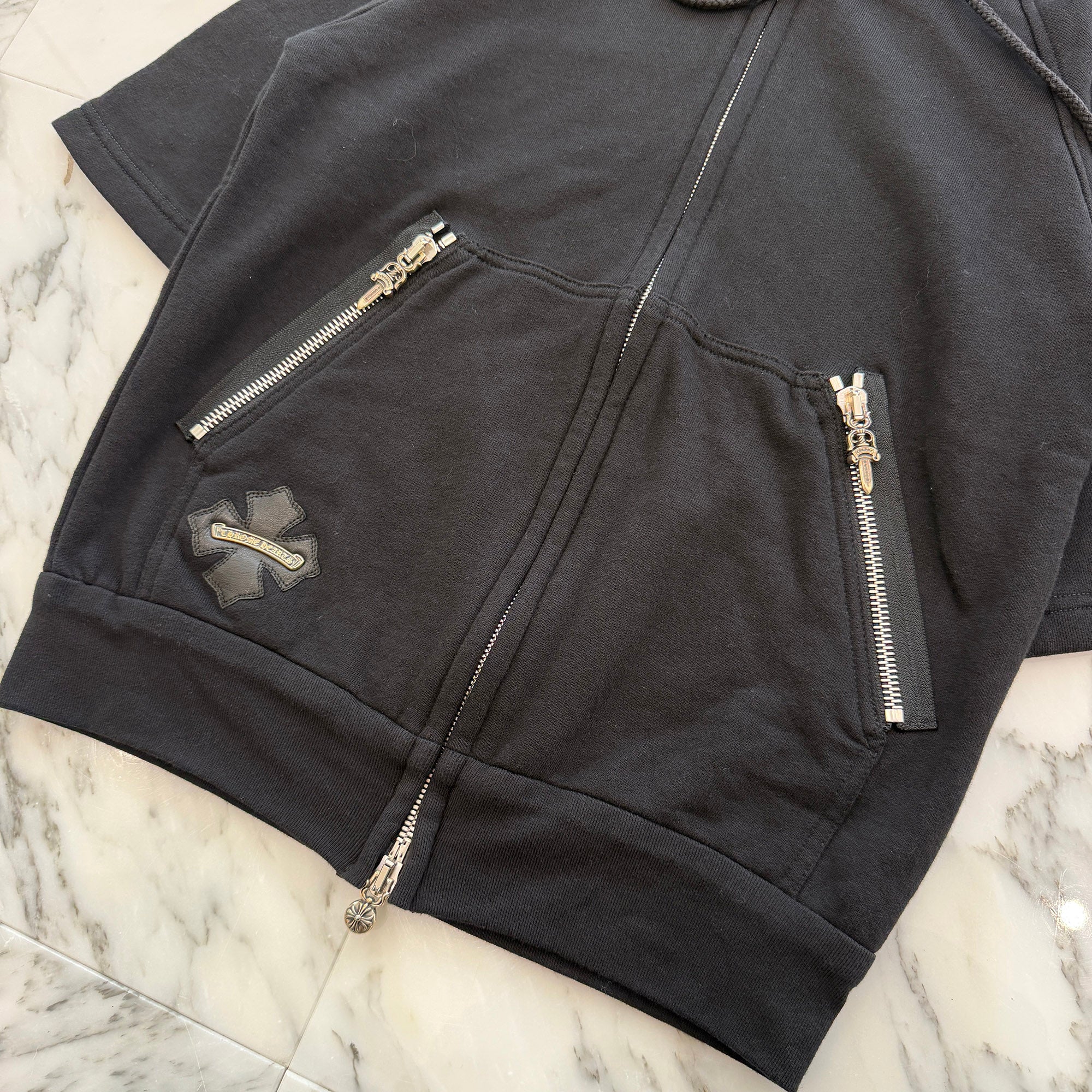 CHROME HEARTS CH Plus Leather Patch Short Sleeve Zip Up Hoodie Size M クロムハーツ CHプラス レザーパッチ ショートスリーブジップアップフーディー サイズM