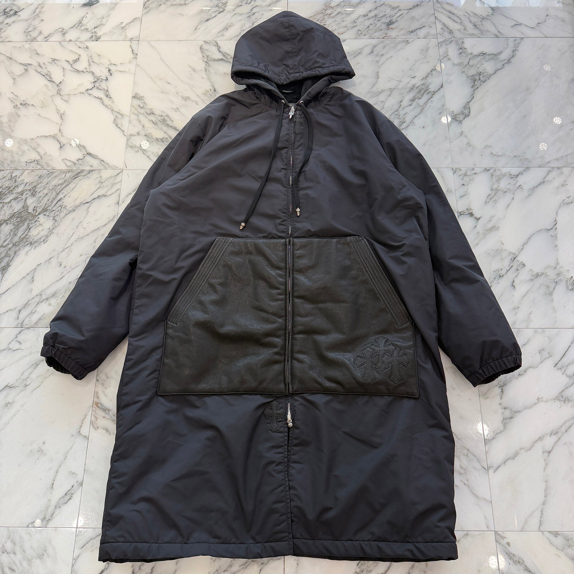 CHROME HEARTS Lucky Patch HURRICANE Dagger Zip Up Nylon Leather Long Coat Size L クロムハーツ ラッキー パッチ ハリケーン ダガージップアップ ナイロンレザー ロングコート サイズL