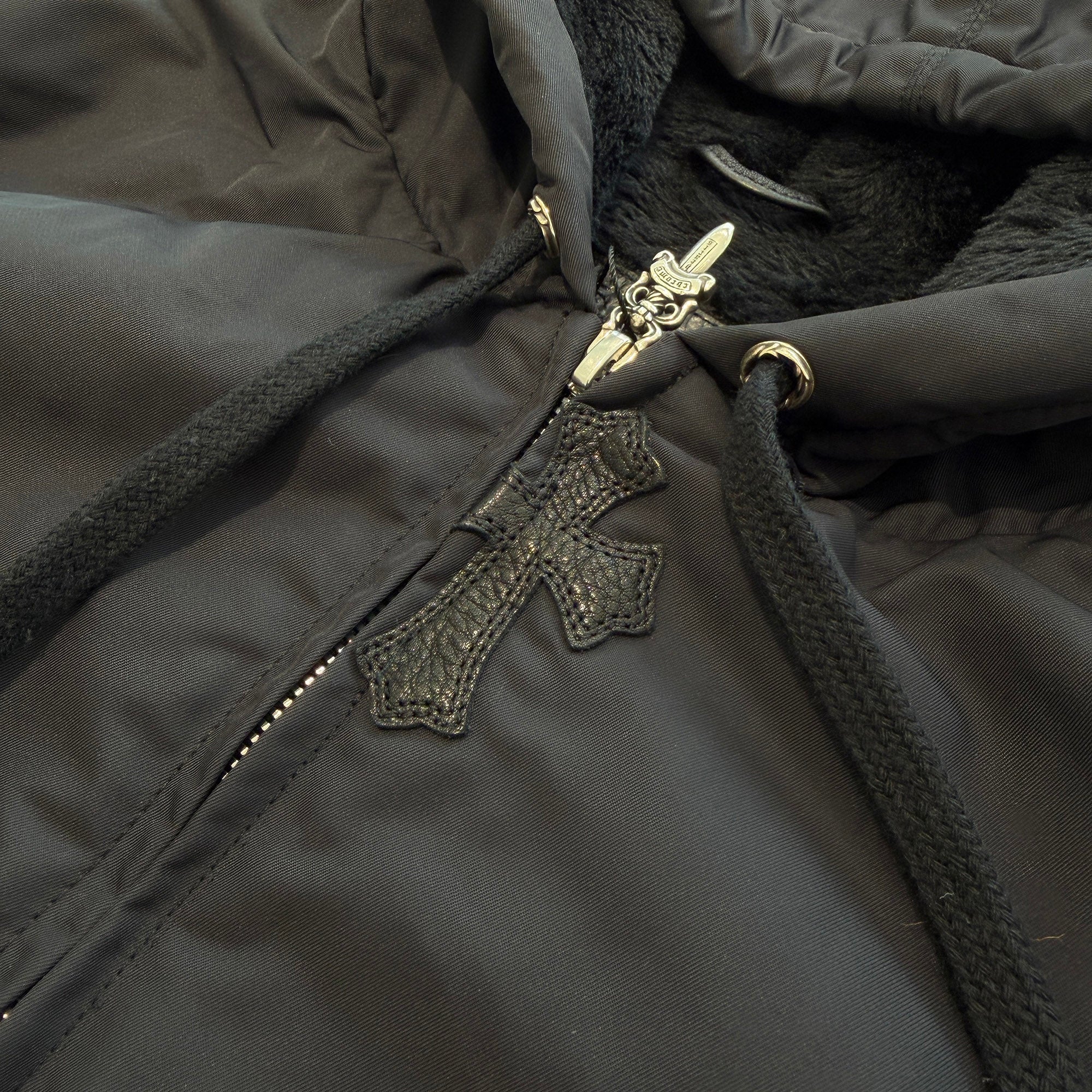 CHROME HEARTS Lucky Patch HURRICANE Dagger Zip Up Nylon Leather Long Coat Size L クロムハーツ ラッキー パッチ ハリケーン ダガージップアップ ナイロンレザー ロングコート サイズL