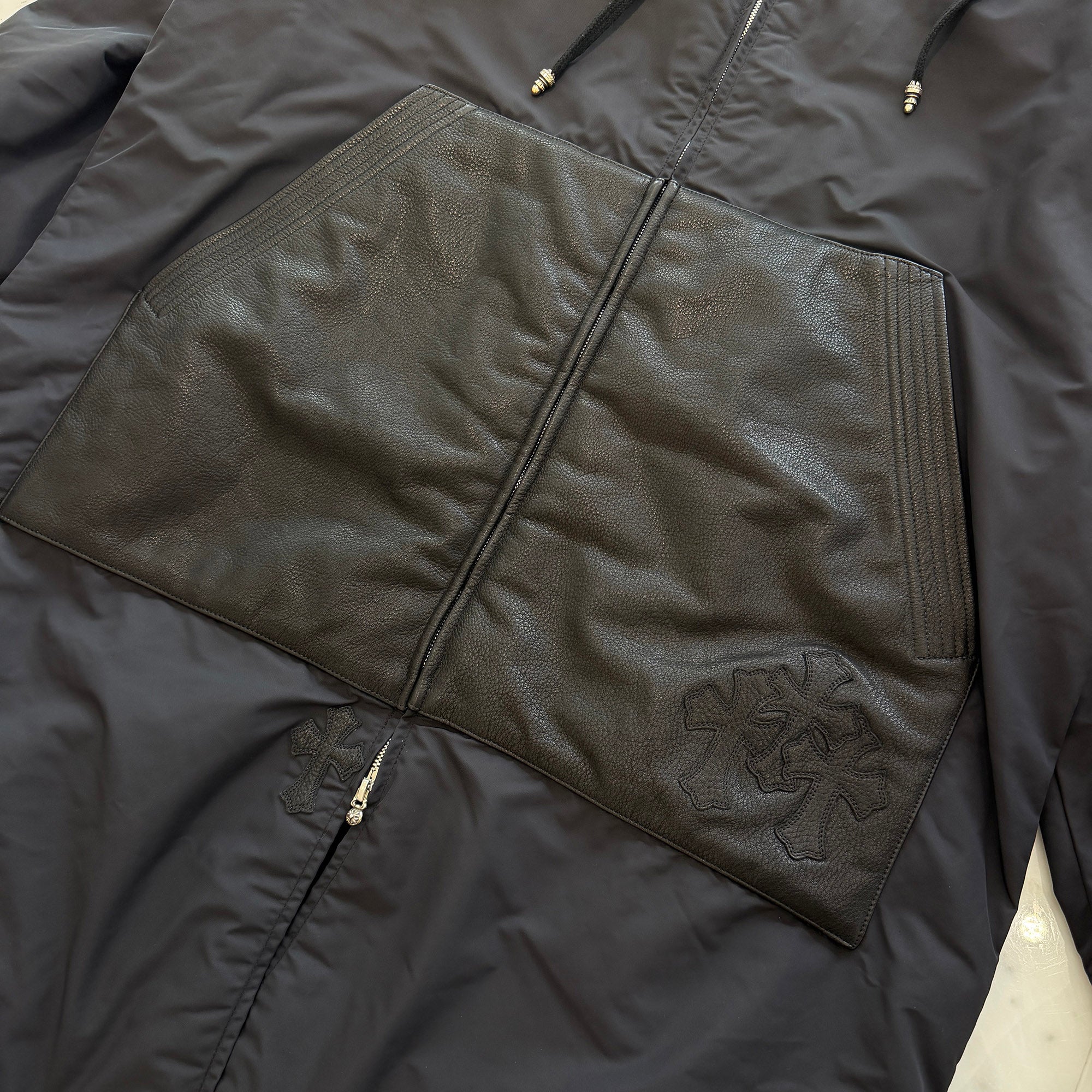 CHROME HEARTS Lucky Patch HURRICANE Dagger Zip Up Nylon Leather Long Coat Size L クロムハーツ ラッキー パッチ ハリケーン ダガージップアップ ナイロンレザー ロングコート サイズL