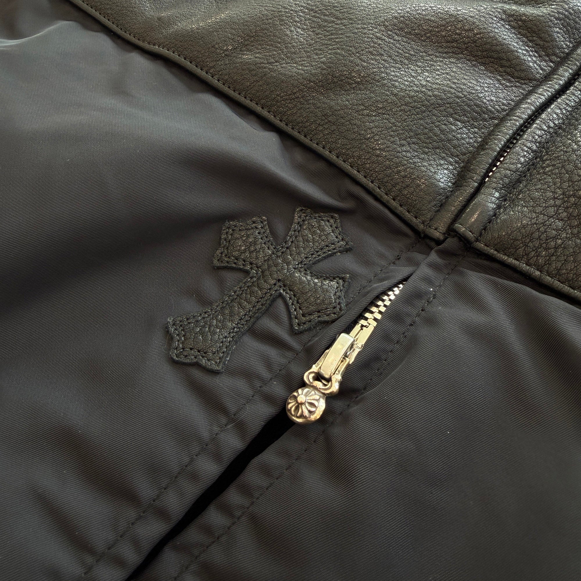 CHROME HEARTS Lucky Patch HURRICANE Dagger Zip Up Nylon Leather Long Coat Size L クロムハーツ ラッキー パッチ ハリケーン ダガージップアップ ナイロンレザー ロングコート サイズL