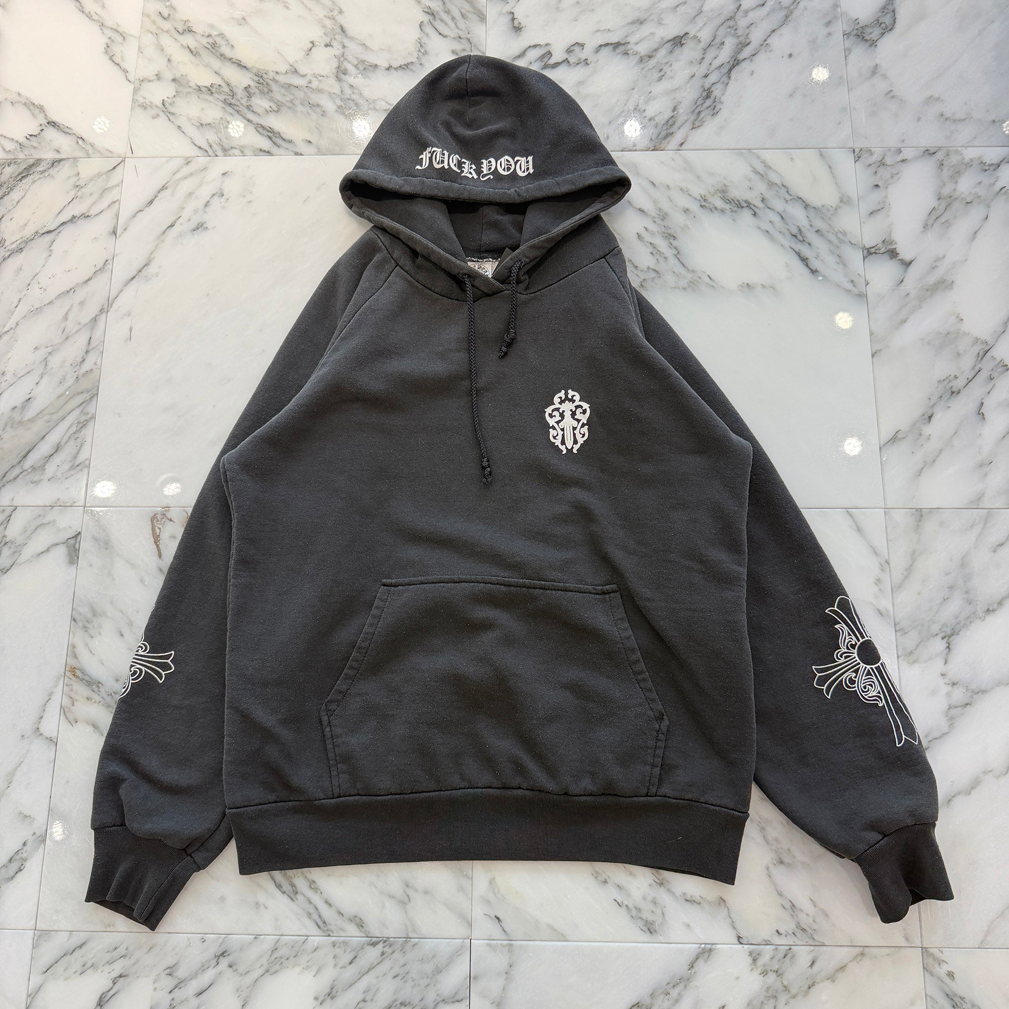 CHROME HEARTS FUCK YOU Vine Dagger Arm CH Cross Thermal Pullover Hoodie Size S クロムハーツ ファックユー ヴァインダガー 袖 CHクロス サーマル プルオーバーフーディ サイズS