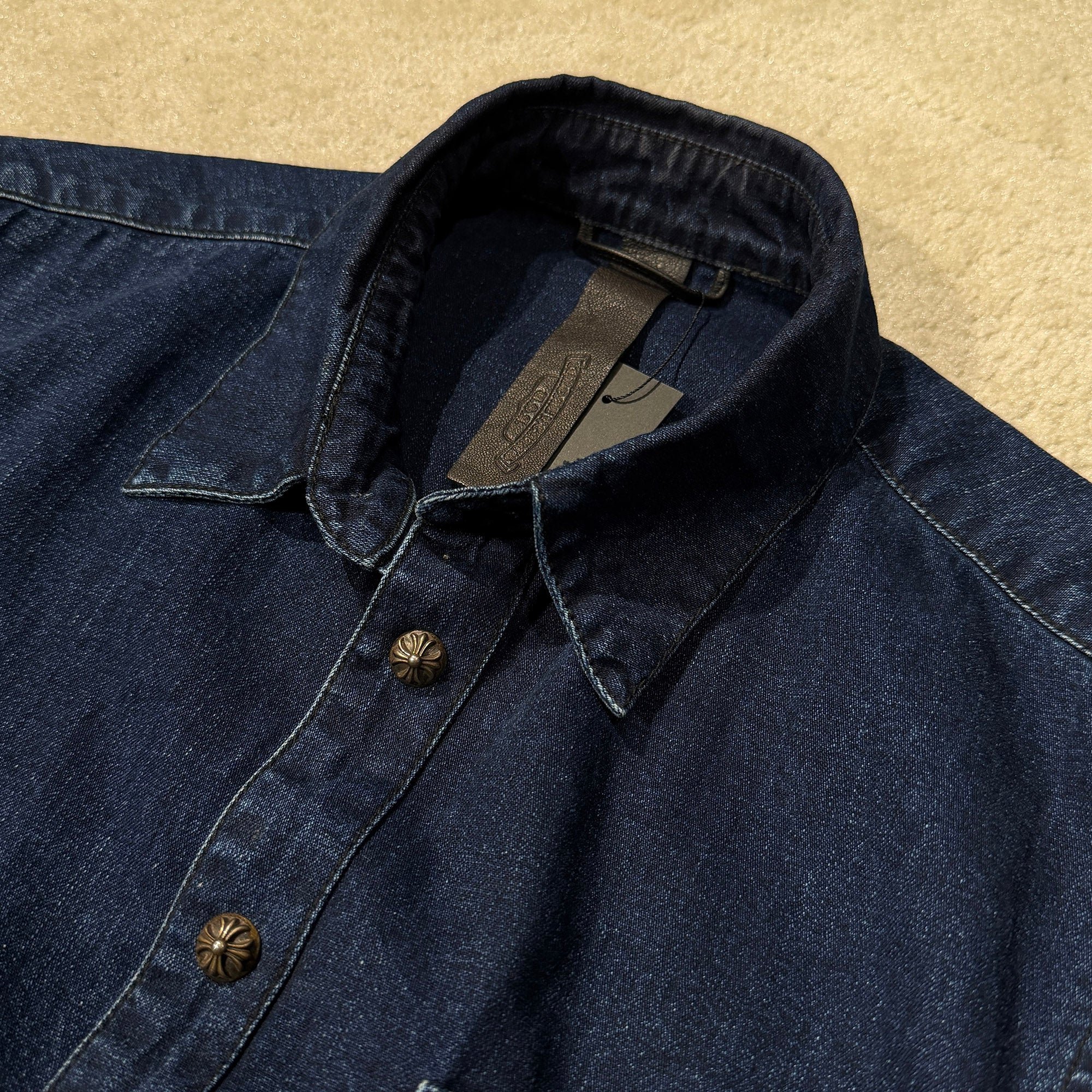 CHROME HEARTS Y NOT Leather Cross Patch Denim Shirt Size M クロムハーツ レザークロスパッチ デニムシャツ サイズM