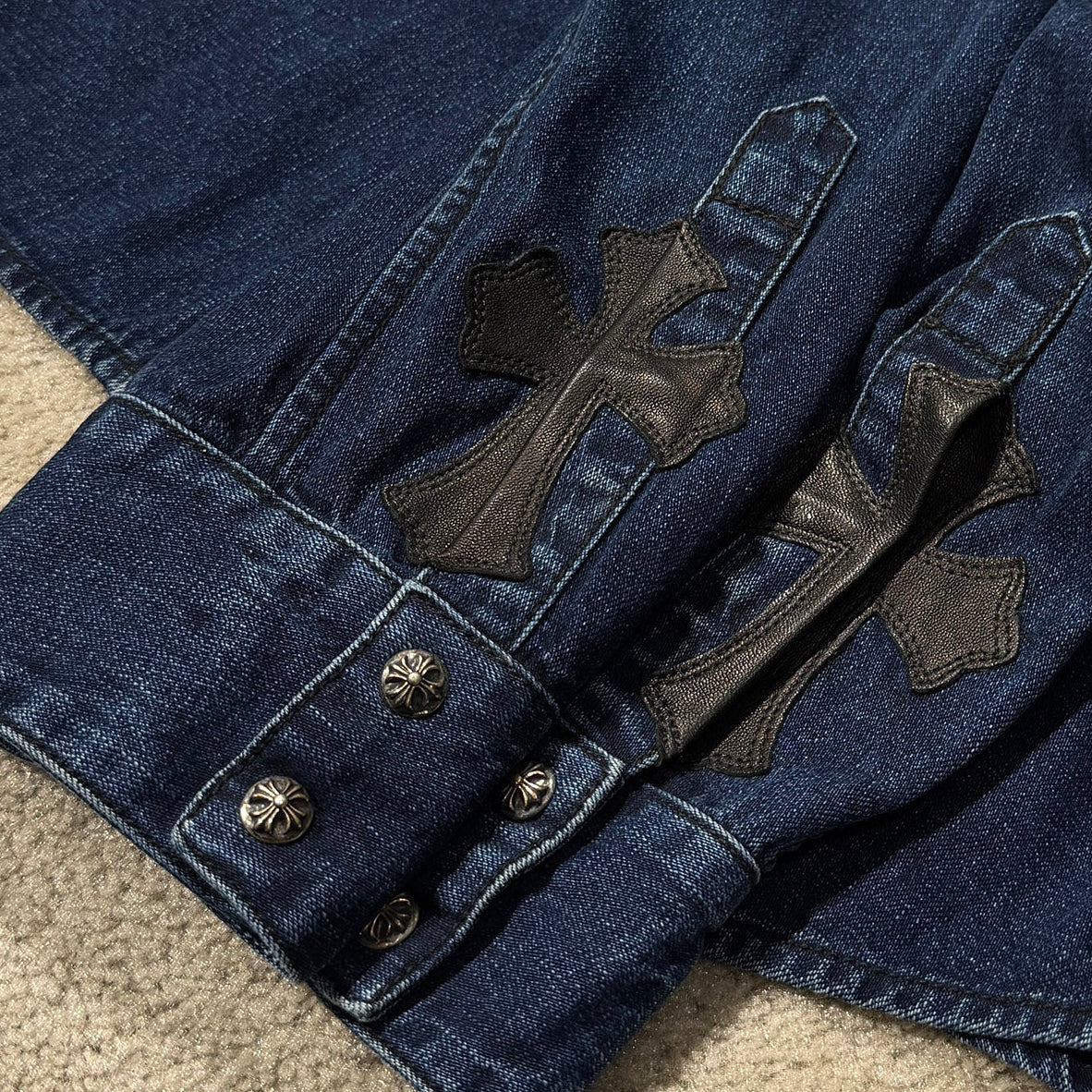 CHROME HEARTS Y NOT Leather Cross Patch Denim Shirt Size M クロムハーツ レザークロスパッチ デニムシャツ サイズM