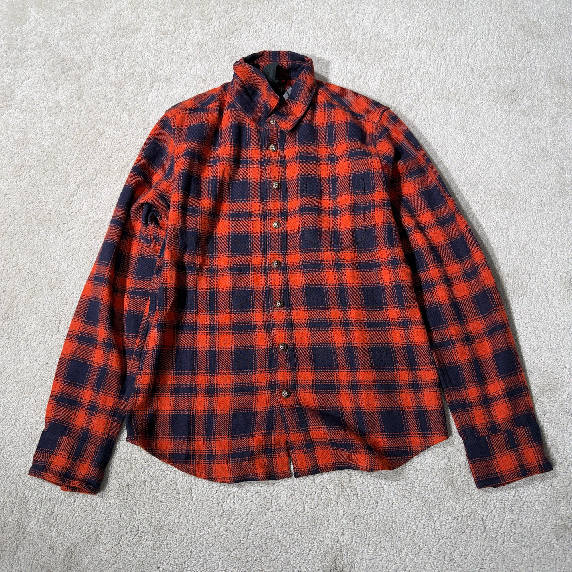 CHROME HEARTS Y NOT Leather Cross Patch Flannel Check Shirt Size S クロムハーツ ワイノット レザークロスパッチ フランネルチェックシャツ サイズS