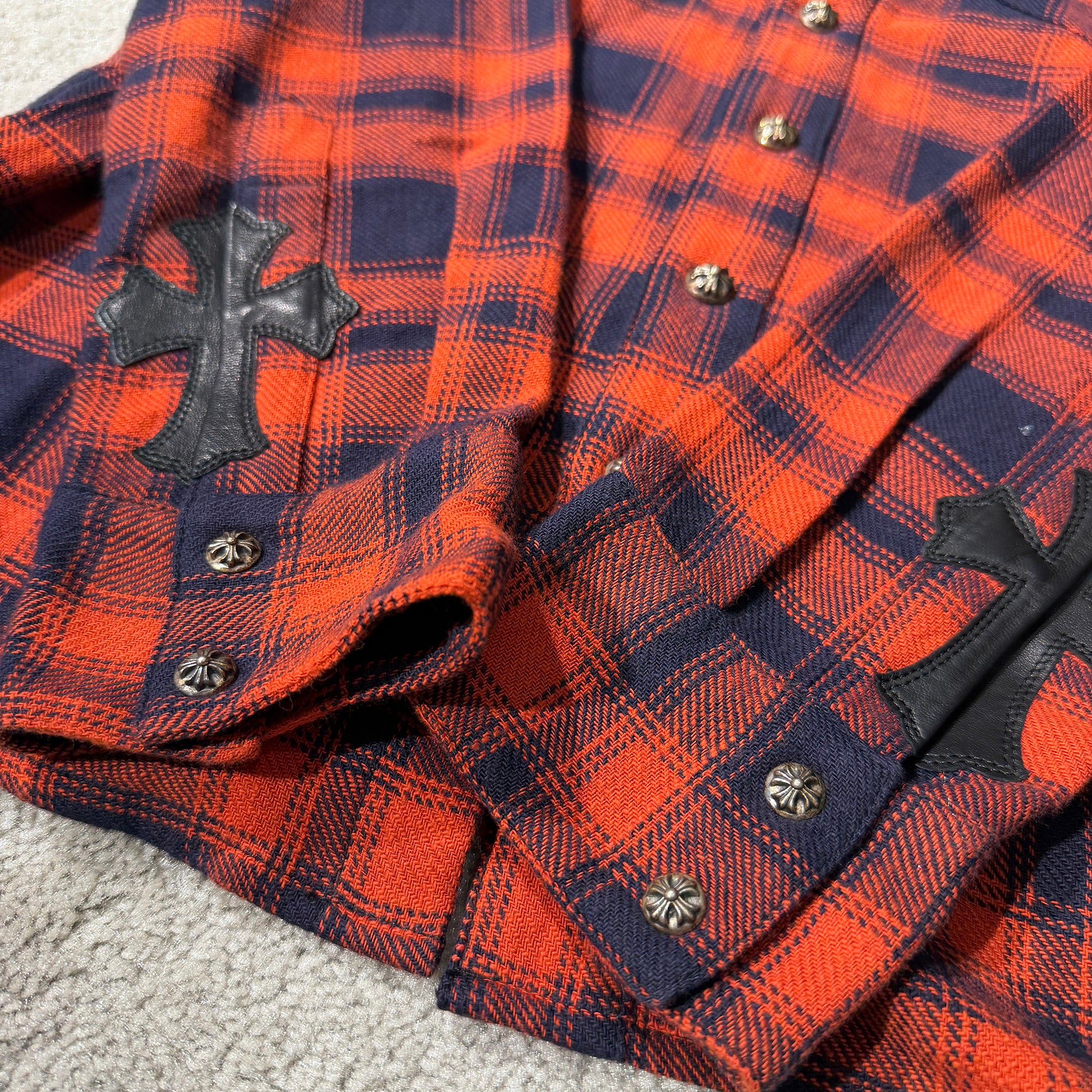 CHROME HEARTS Y NOT Leather Cross Patch Flannel Check Shirt Size S クロムハーツ ワイノット レザークロスパッチ フランネルチェックシャツ サイズS