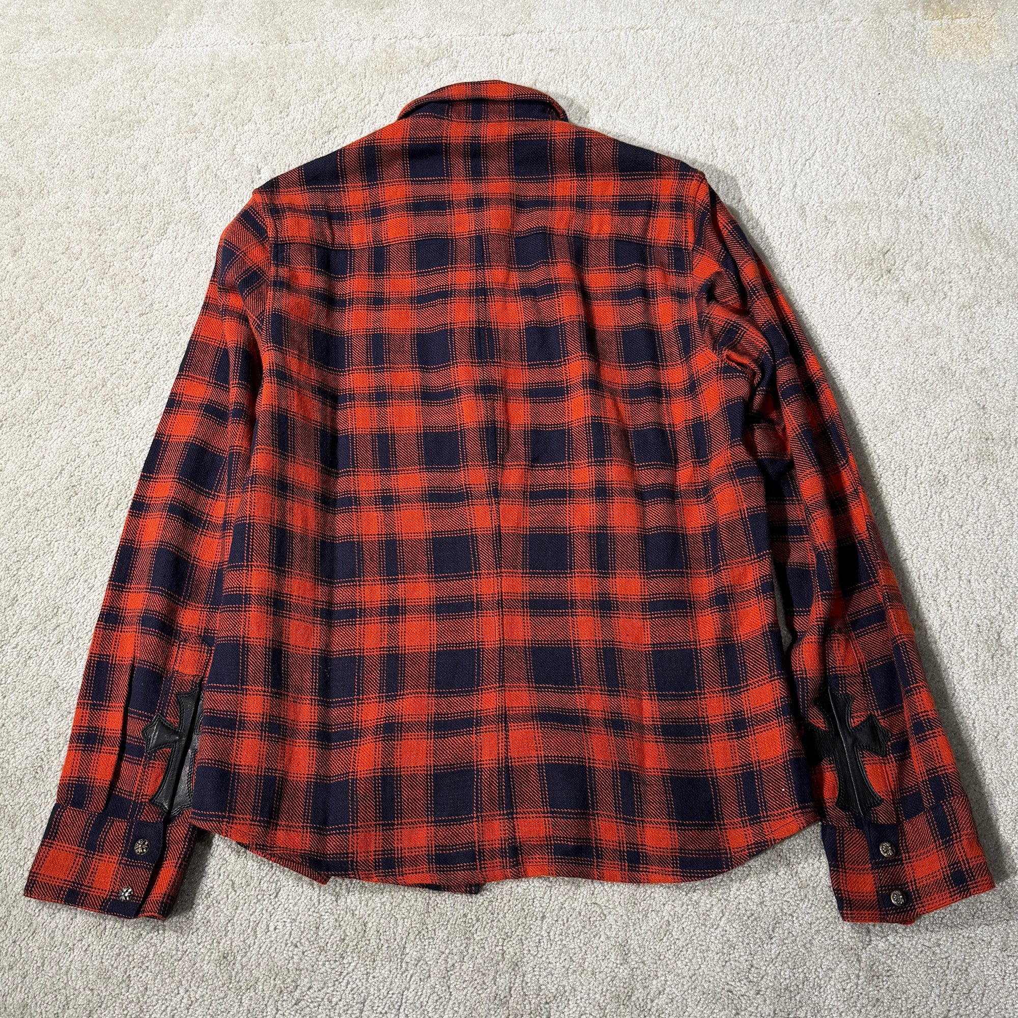 CHROME HEARTS Y NOT Leather Cross Patch Flannel Check Shirt Size S クロムハーツ ワイノット レザークロスパッチ フランネルチェックシャツ サイズS