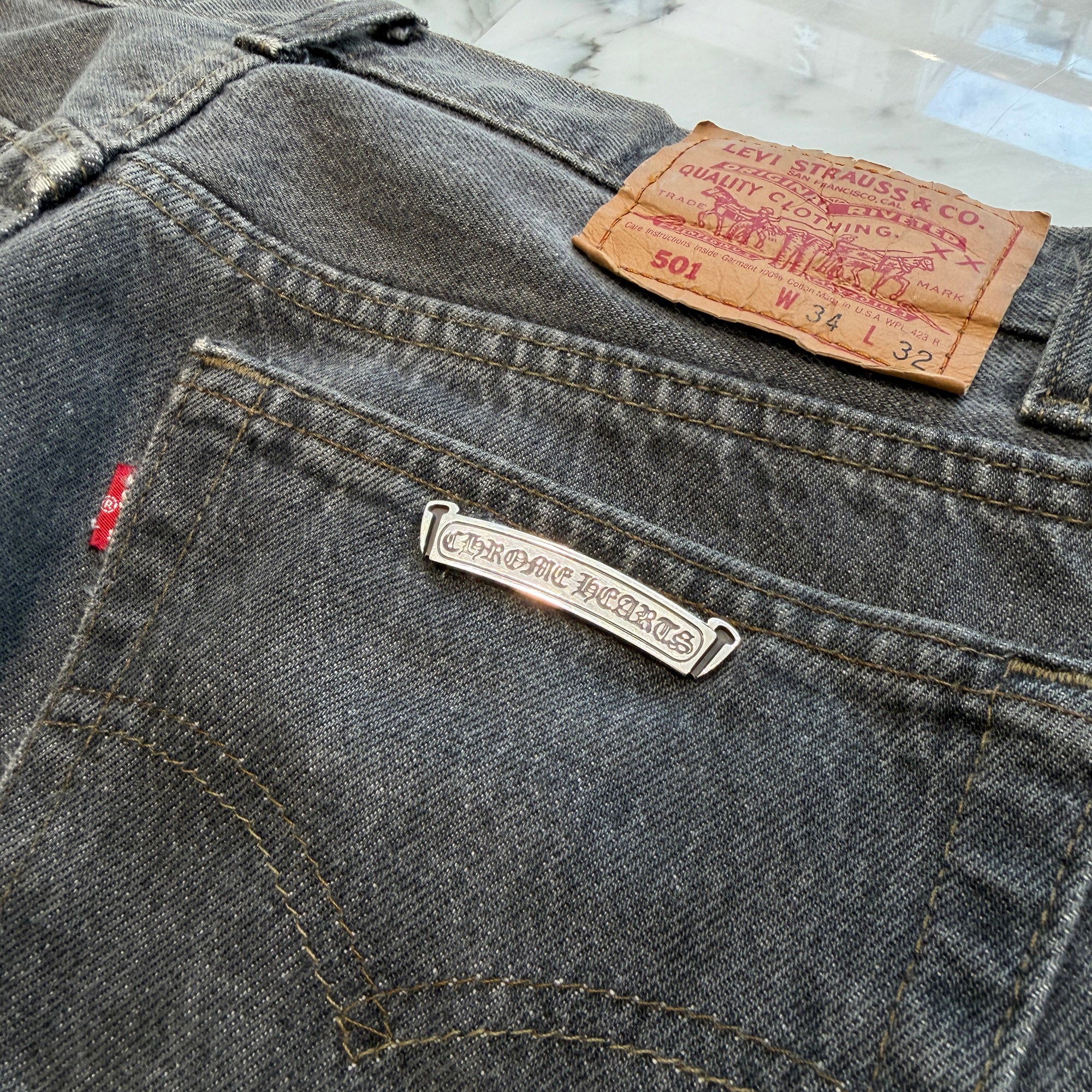 CHROME HEARTS × Levi's 501 VNTG Leather Cross Patch Denim Pants Size 32 クロムハーツ × リーバイス 501 ヴィンテージ レザークロスパッチ デニムパンツ サイズ32