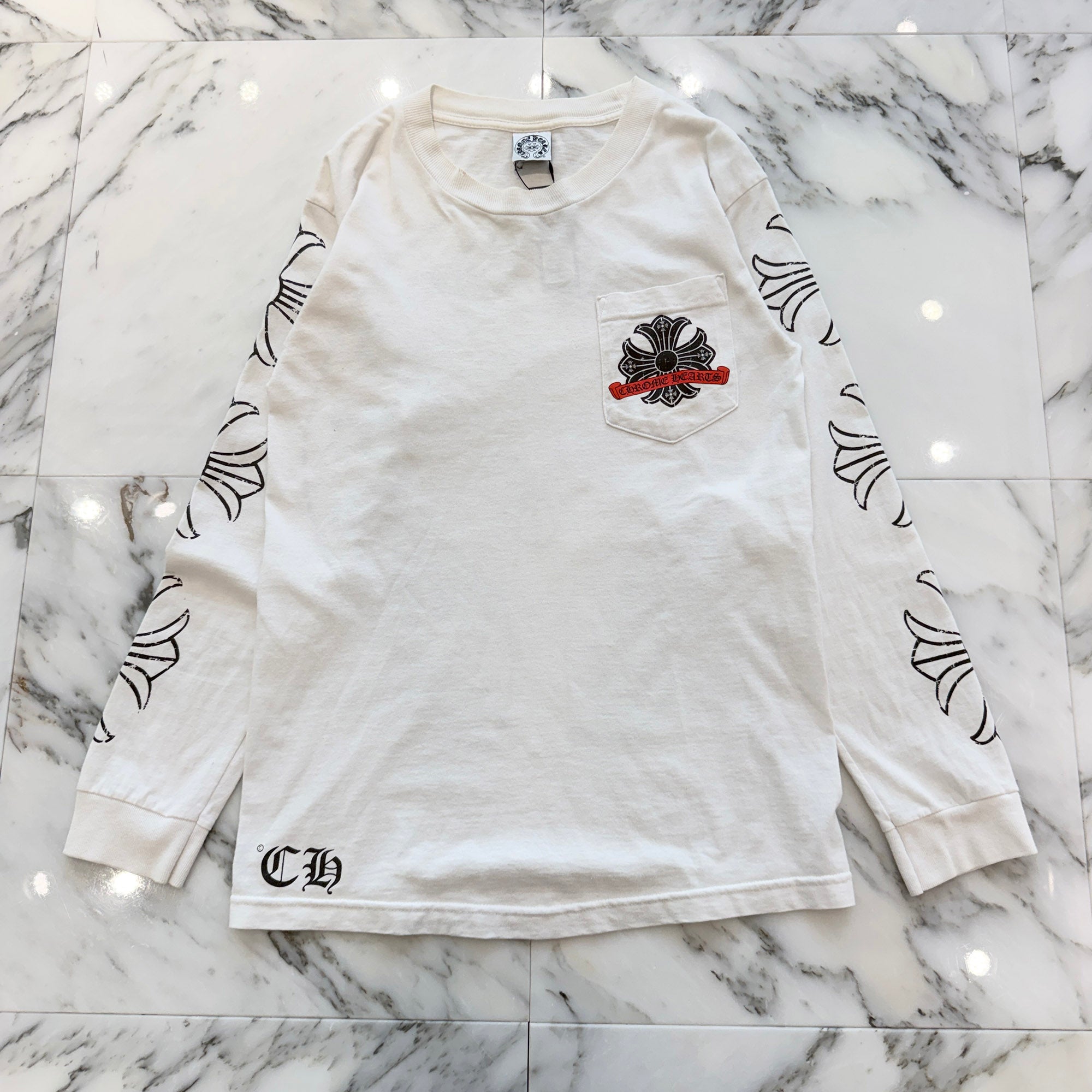 CHROME HEARTS Back Crack Horseshoe Print CH Plus Logo Long Sleeve Tee Size S クロムハーツ バック クラック ホースシュープリント CHプラス ロゴ ロングスリーブ Tシャツ サイズS