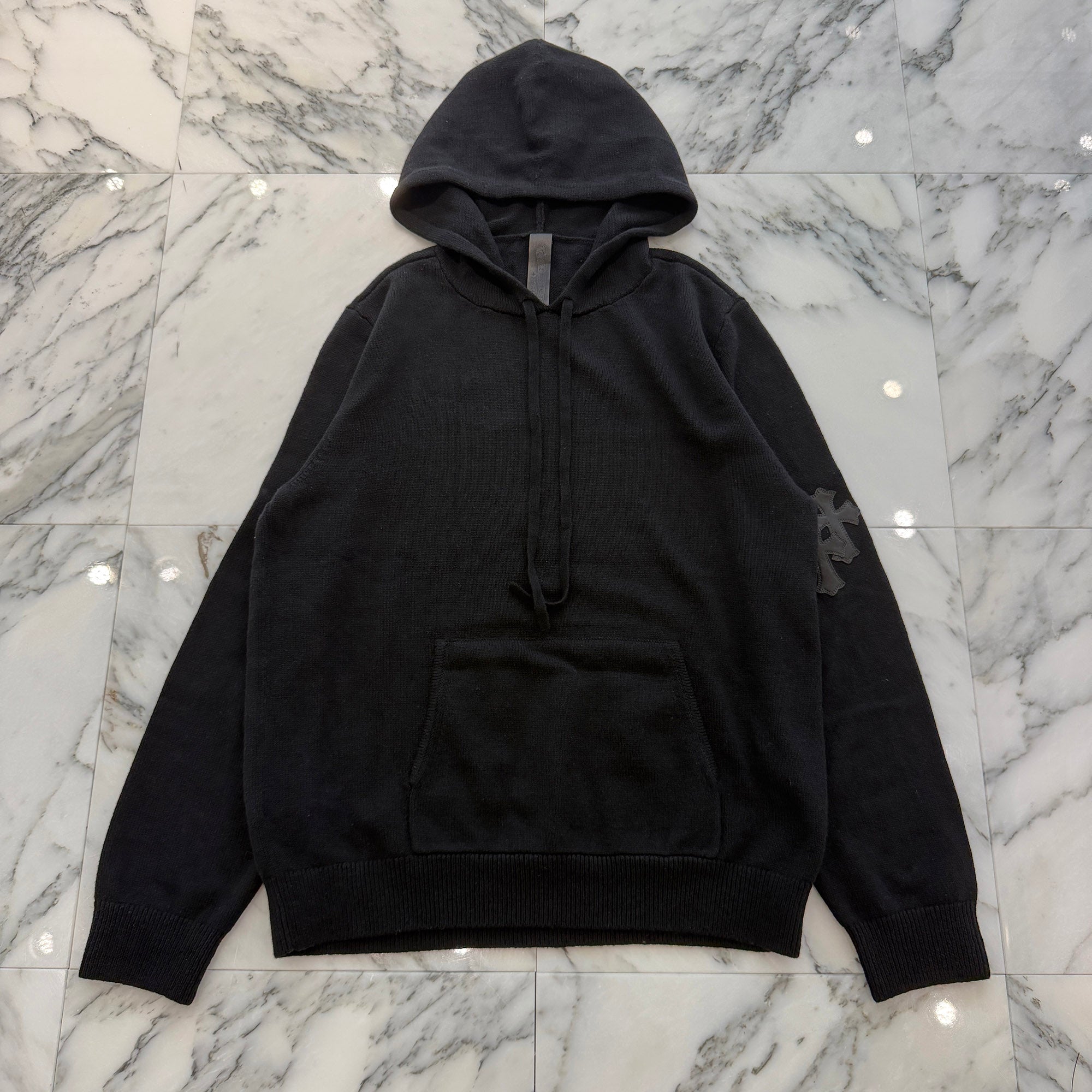 CHROME HEARTS Y NOT Leather Cross Patch Cashmere Knit Pullover Hoodie Size L クロムハーツ ワイノット レザークロスパッチ カシミヤニット プルオーバーフーディ サイズL