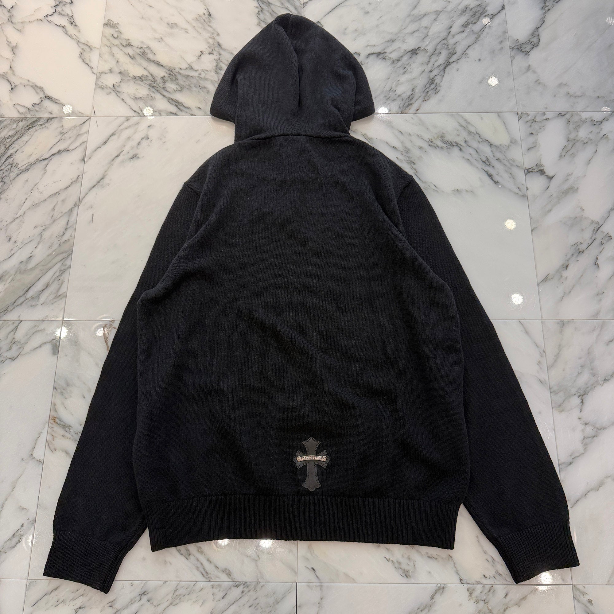 CHROME HEARTS Y NOT Leather Cross Patch Cashmere Knit Pullover Hoodie Size L クロムハーツ ワイノット レザークロスパッチ カシミヤニット プルオーバーフーディ サイズL