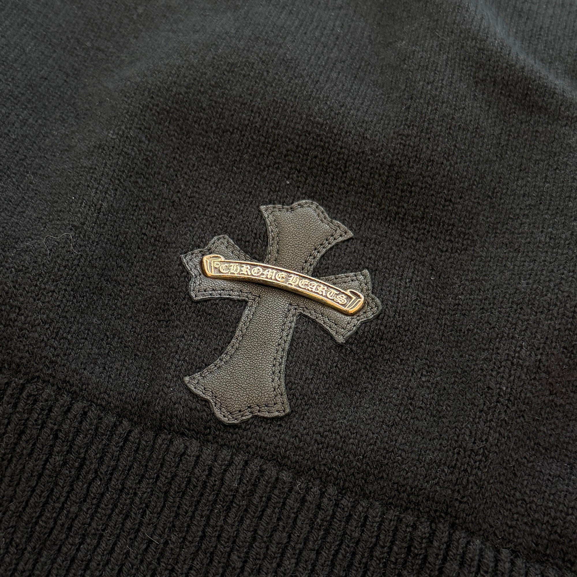 CHROME HEARTS Y NOT Leather Cross Patch Cashmere Knit Pullover Hoodie Size L クロムハーツ ワイノット レザークロスパッチ カシミヤニット プルオーバーフーディ サイズL
