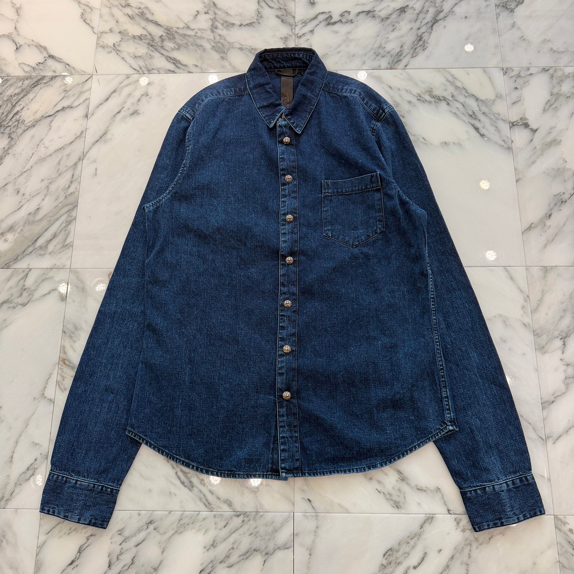 CHROME HEARTS Y NOT Leather Cross Patch Denim Shirt Size L クロムハーツ レザークロスパッチ デニムシャツ サイズL