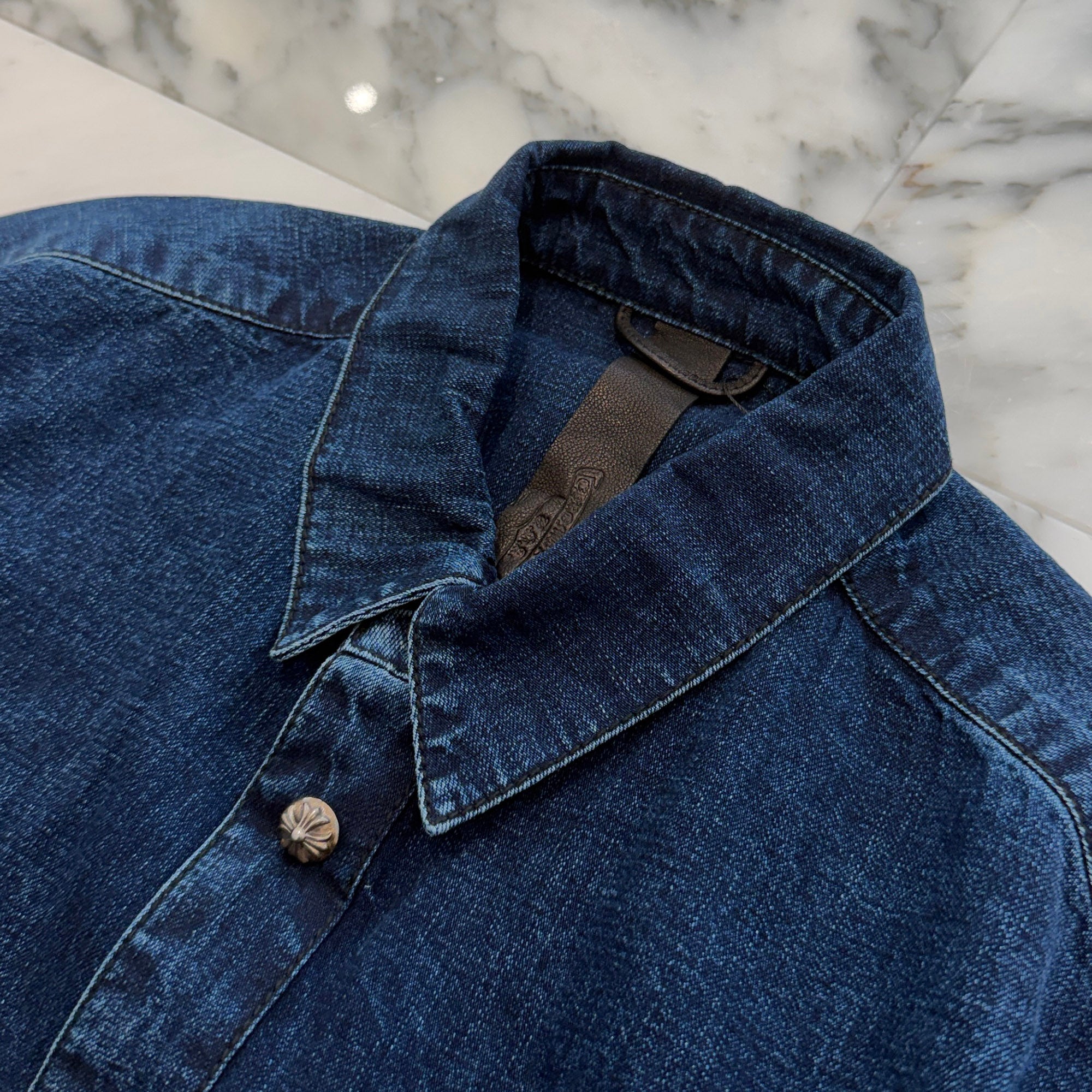 CHROME HEARTS Y NOT Leather Cross Patch Denim Shirt Size L クロムハーツ レザークロスパッチ デニムシャツ サイズL