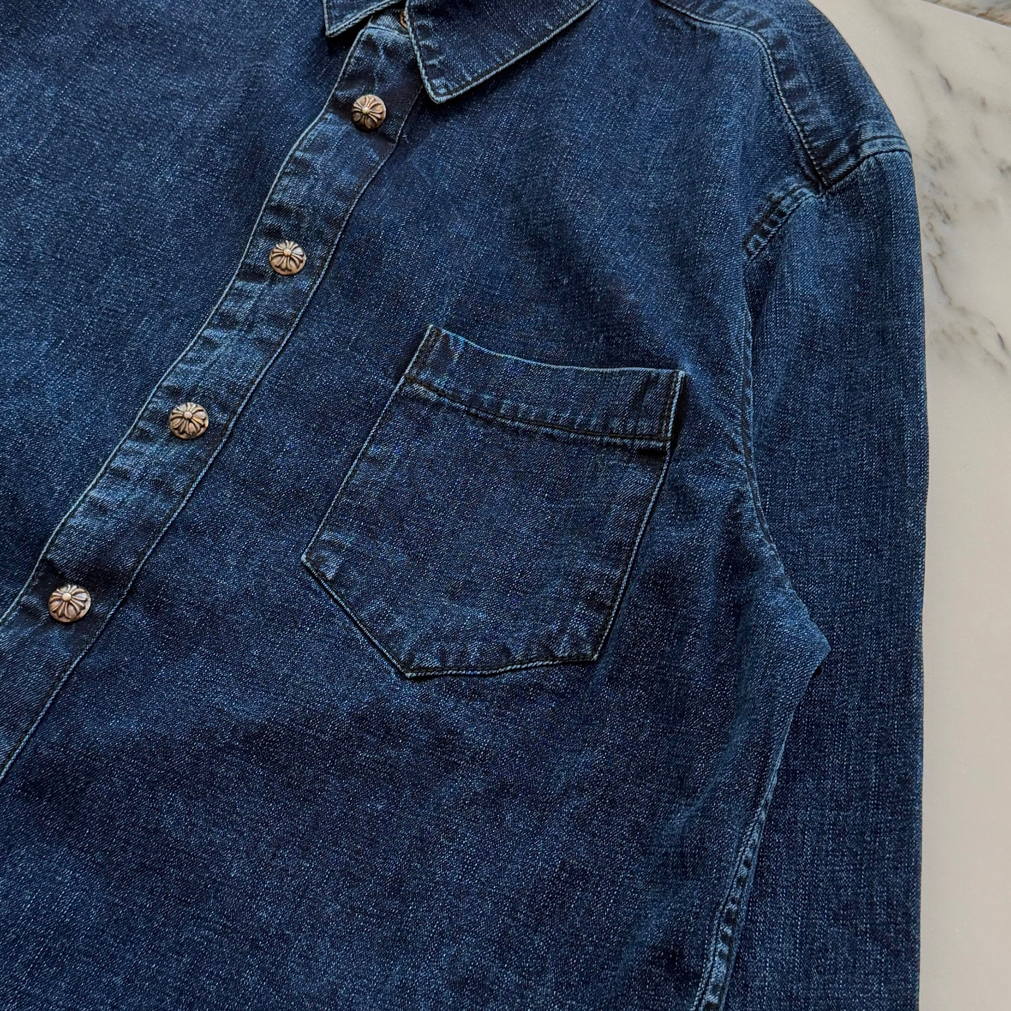 CHROME HEARTS Y NOT Leather Cross Patch Denim Shirt Size L クロムハーツ レザークロスパッチ デニムシャツ サイズL