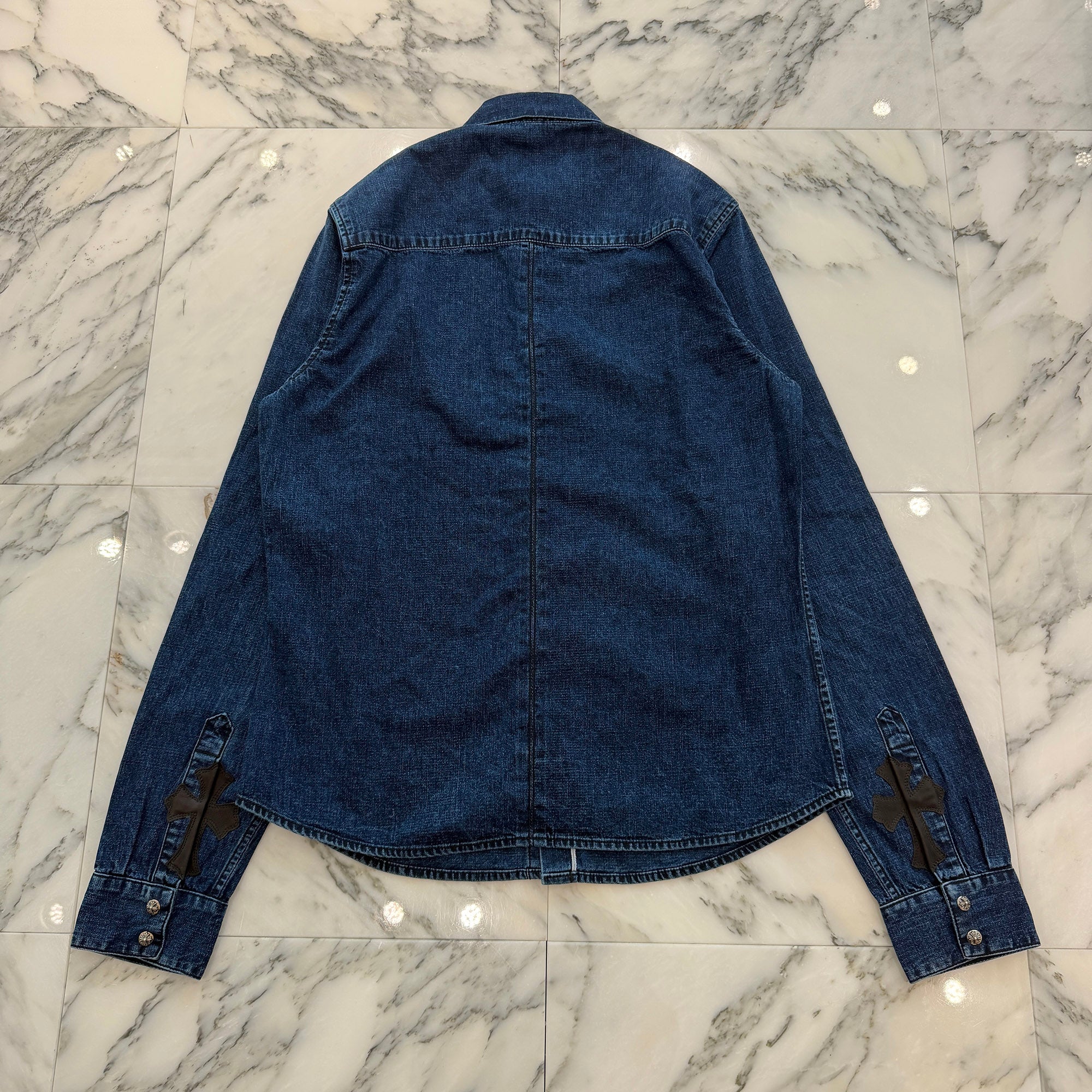 CHROME HEARTS Y NOT Leather Cross Patch Denim Shirt Size L クロムハーツ レザークロスパッチ デニムシャツ サイズL