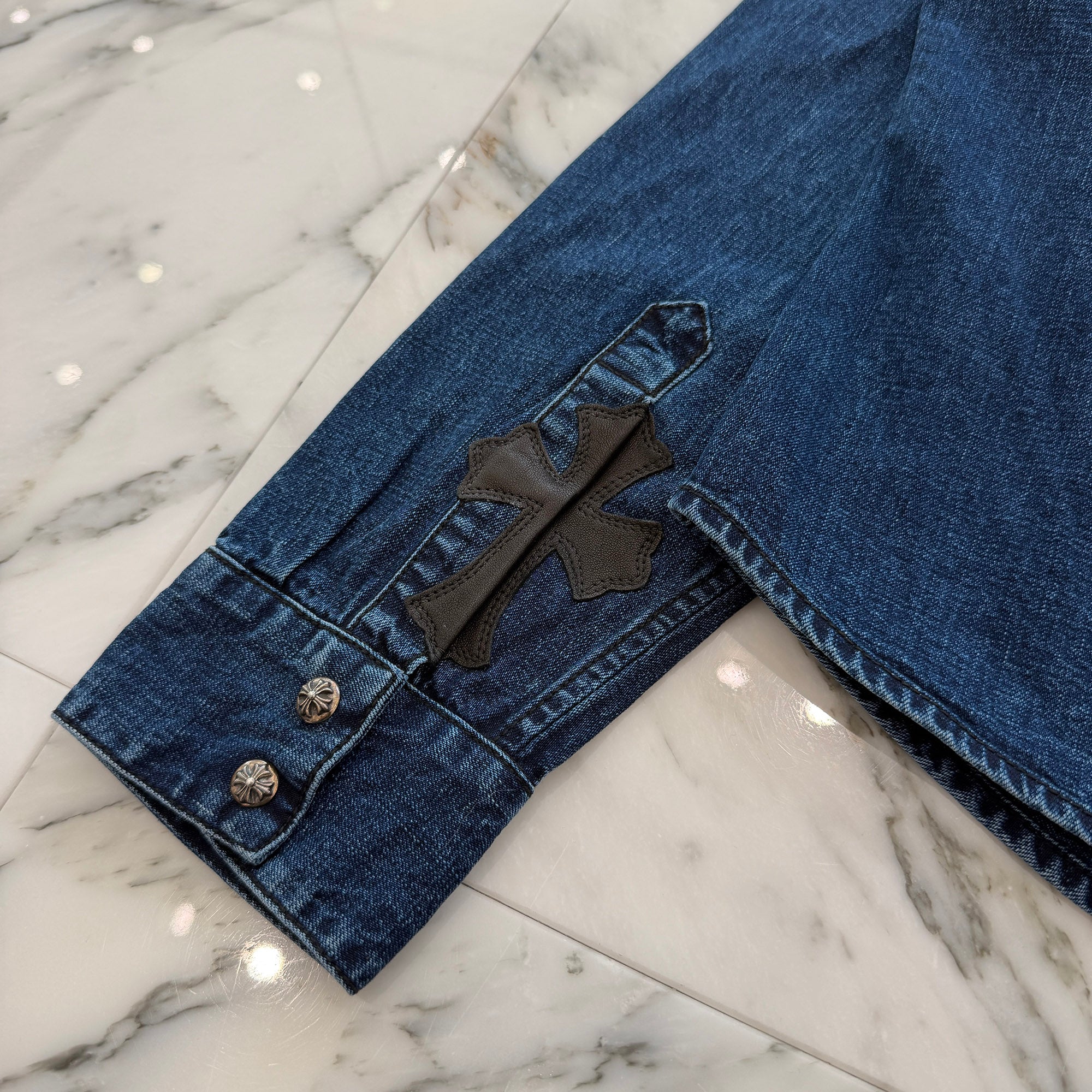 CHROME HEARTS Y NOT Leather Cross Patch Denim Shirt Size L クロムハーツ レザークロスパッチ デニムシャツ サイズL