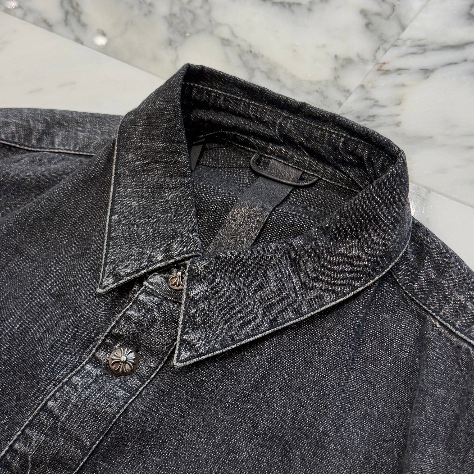 CHROME HEARTS Y NOT Leather Cross Patch Denim Shirts Size XL クロムハーツ ワイノット レザークロスパッチ デニムシャツ サイズXL