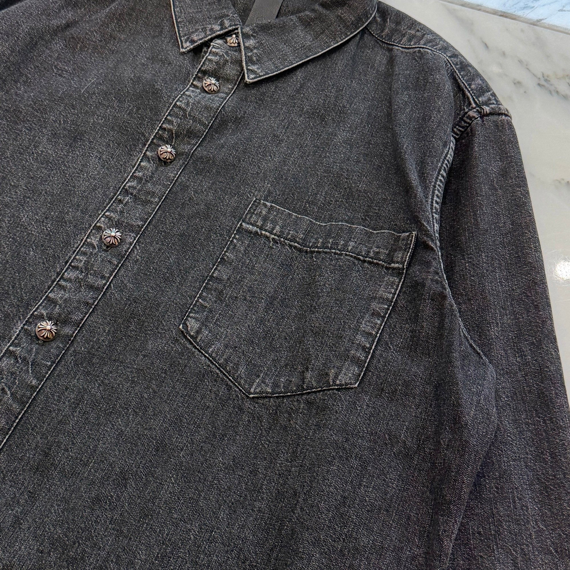 CHROME HEARTS Y NOT Leather Cross Patch Denim Shirts Size XL クロムハーツ ワイノット レザークロスパッチ デニムシャツ サイズXL