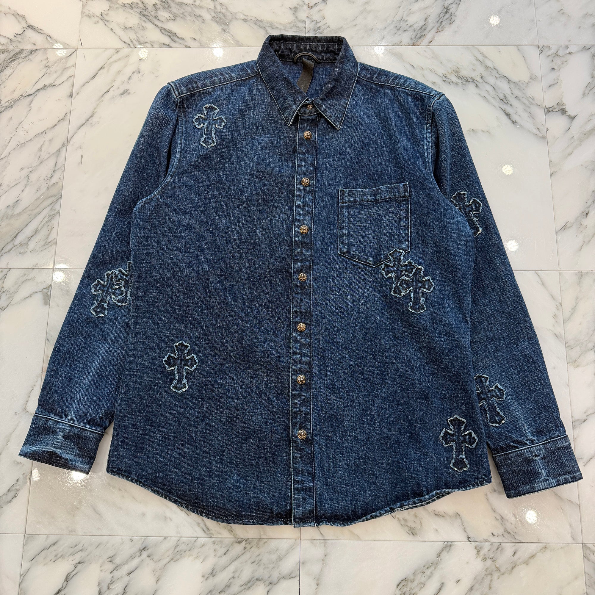 CHROME HEARTS YNOT Denim Cross Patch Shirt Jacket Size L クロムハーツ ワイノット デニムクロスパッチ シャツジャケット サイズL