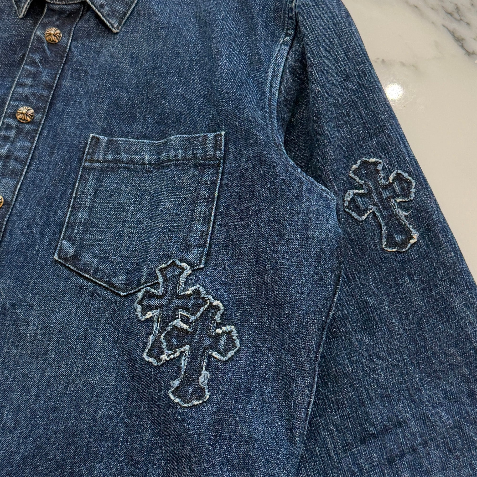 CHROME HEARTS YNOT Denim Cross Patch Shirt Jacket Size L クロムハーツ ワイノット デニムクロスパッチ シャツジャケット サイズL