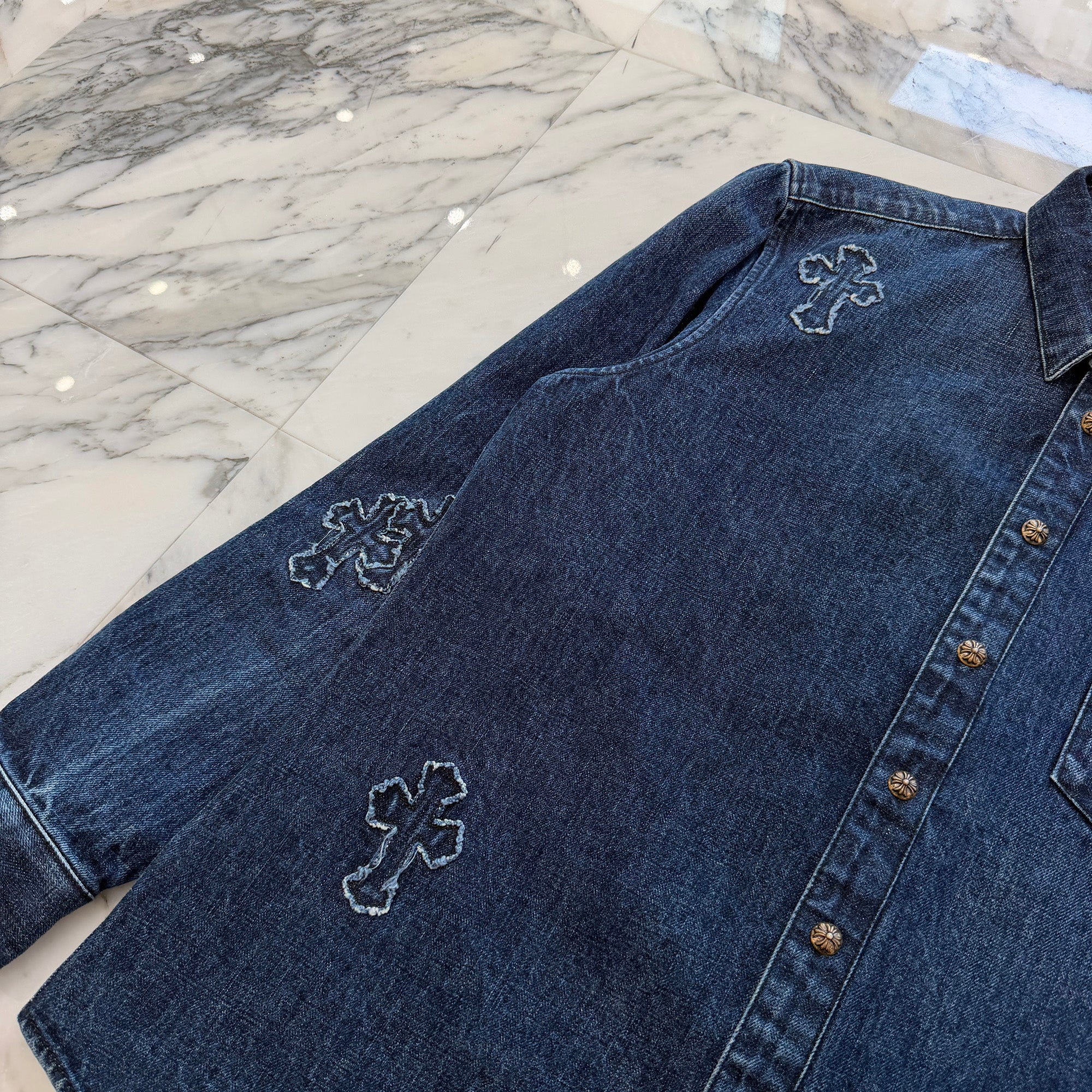 CHROME HEARTS YNOT Denim Cross Patch Shirt Jacket Size L クロムハーツ ワイノット デニムクロスパッチ シャツジャケット サイズL