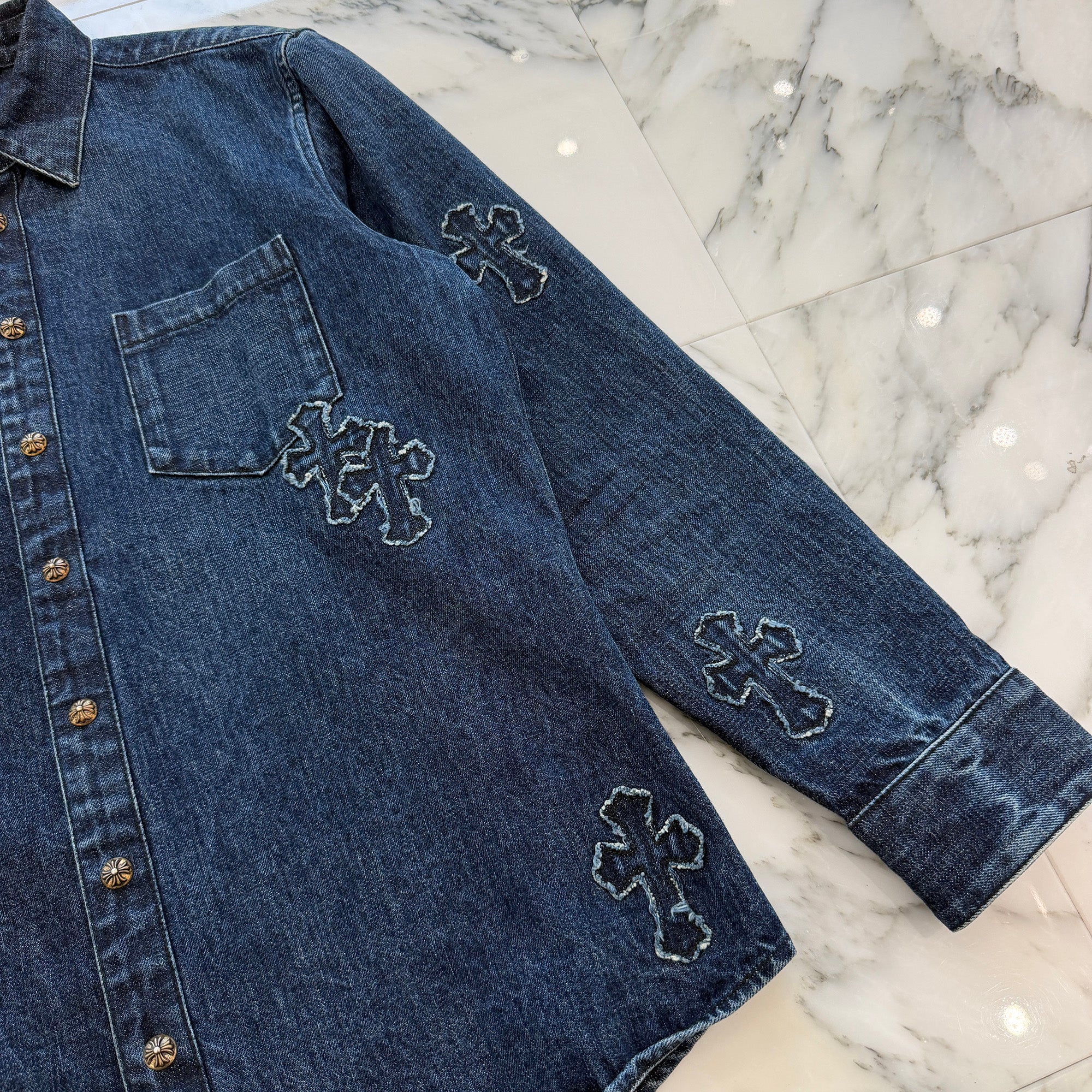 CHROME HEARTS YNOT Denim Cross Patch Shirt Jacket Size L クロムハーツ ワイノット デニムクロスパッチ シャツジャケット サイズL