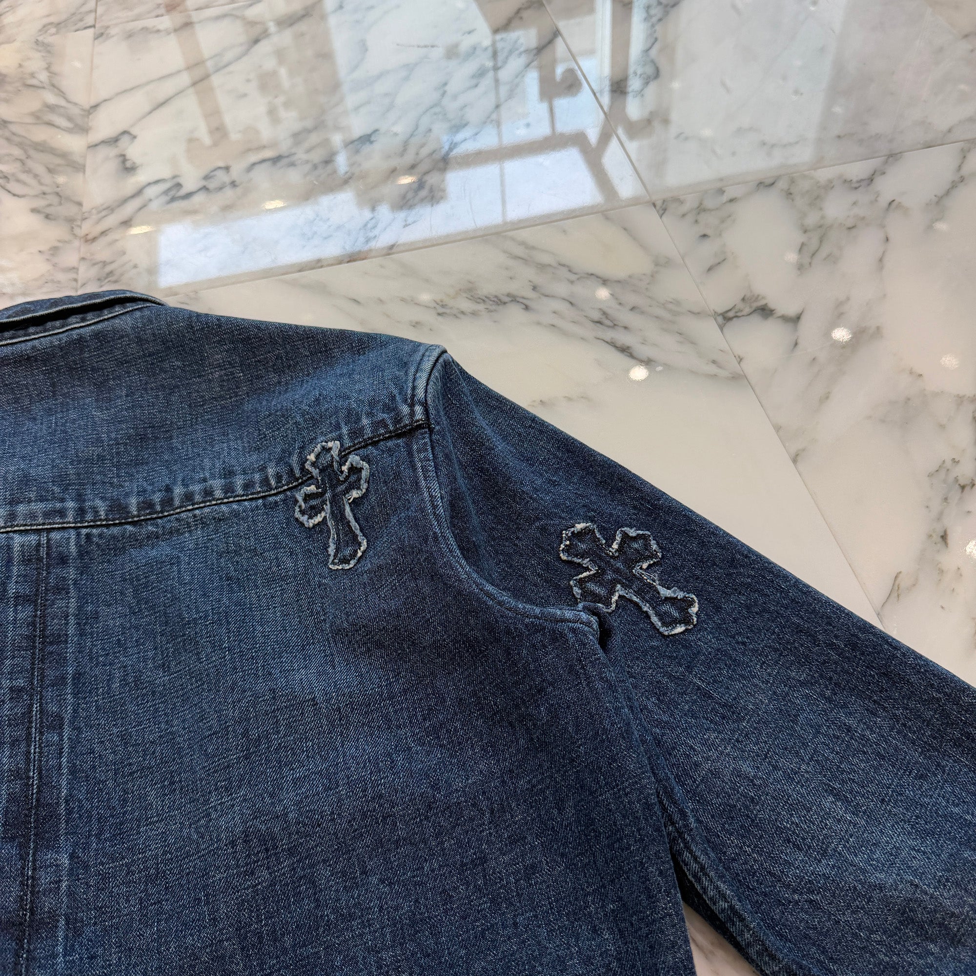 CHROME HEARTS YNOT Denim Cross Patch Shirt Jacket Size L クロムハーツ ワイノット デニムクロスパッチ シャツジャケット サイズL