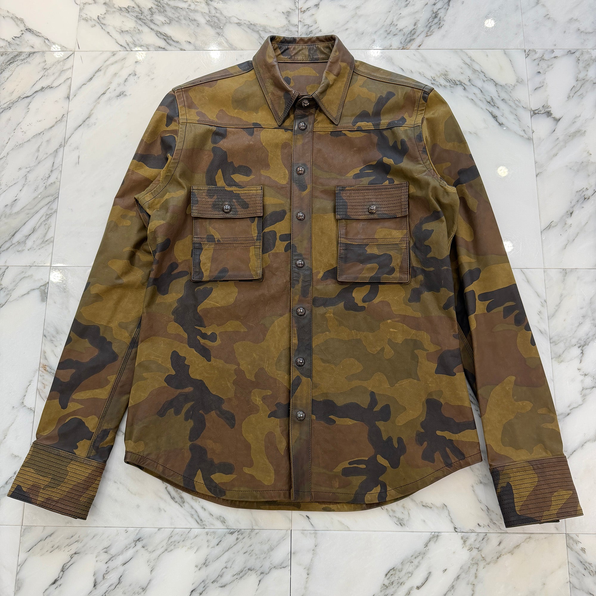 CHROME HEARTS BS Flare Patch Camouflage Leather Army Shirt Jacket Size M クロムハーツ BSフレアパッチ カモフラージュレザー アーミーシャツジャケット サイズM