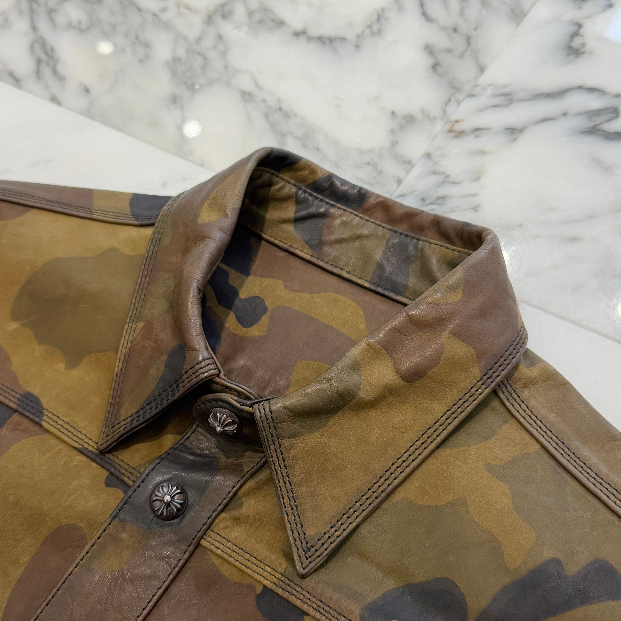 CHROME HEARTS BS Flare Patch Camouflage Leather Army Shirt Jacket Size M クロムハーツ BSフレアパッチ カモフラージュレザー アーミーシャツジャケット サイズM