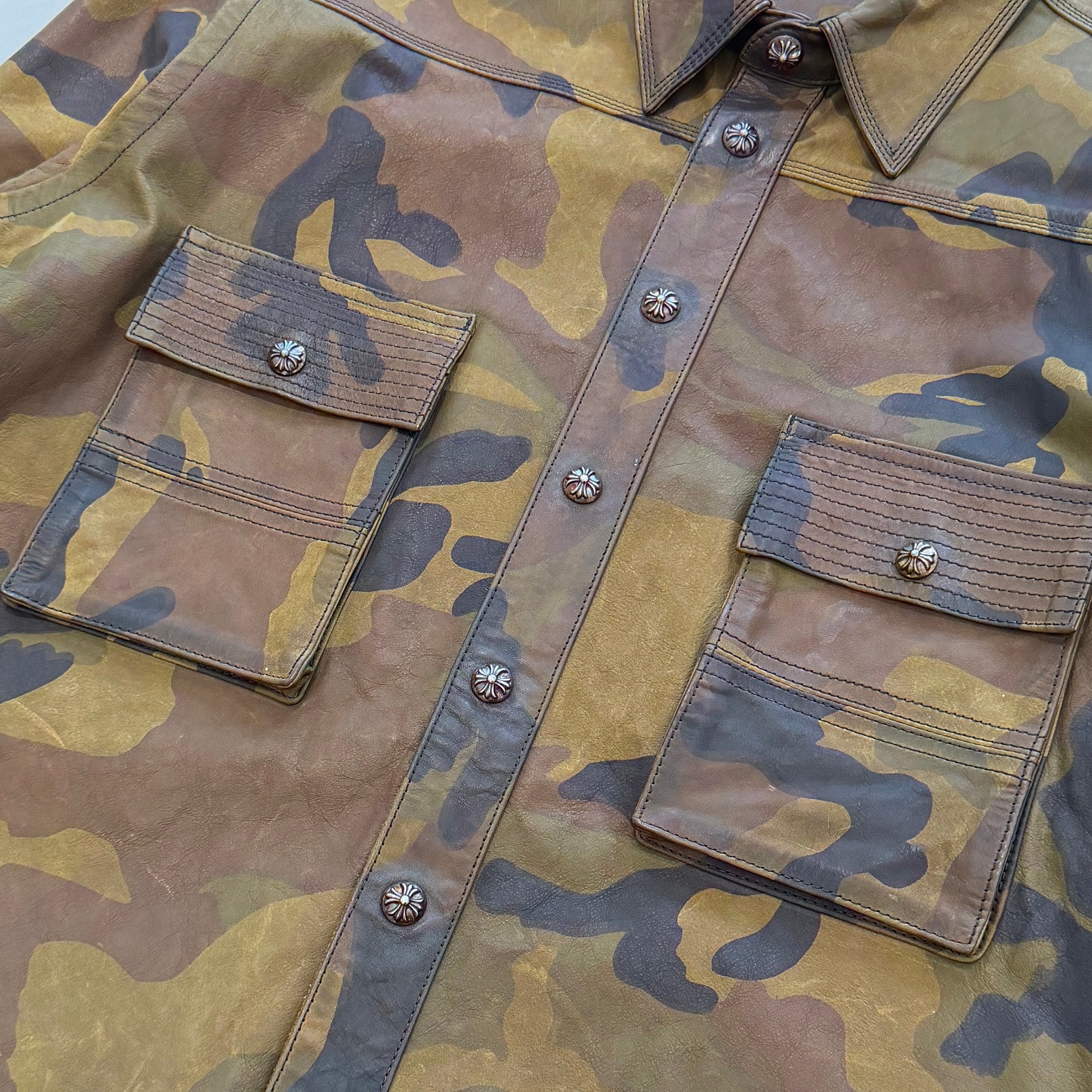 CHROME HEARTS BS Flare Patch Camouflage Leather Army Shirt Jacket Size M クロムハーツ BSフレアパッチ カモフラージュレザー アーミーシャツジャケット サイズM