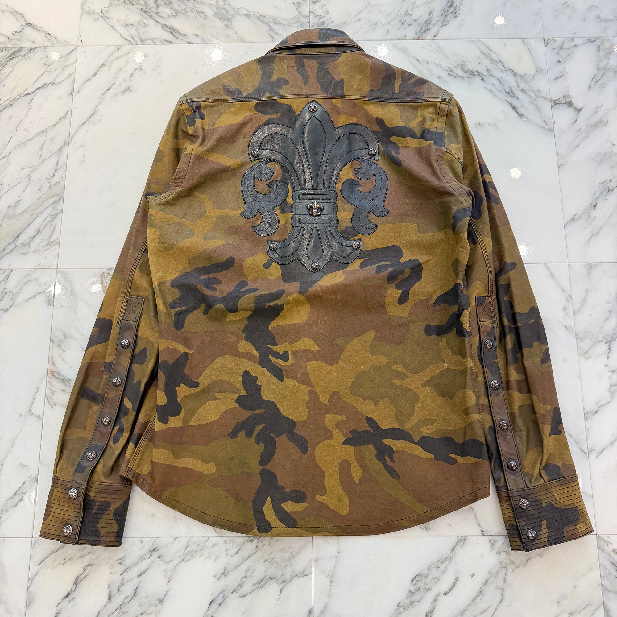 CHROME HEARTS BS Flare Patch Camouflage Leather Army Shirt Jacket Size M クロムハーツ BSフレアパッチ カモフラージュレザー アーミーシャツジャケット サイズM