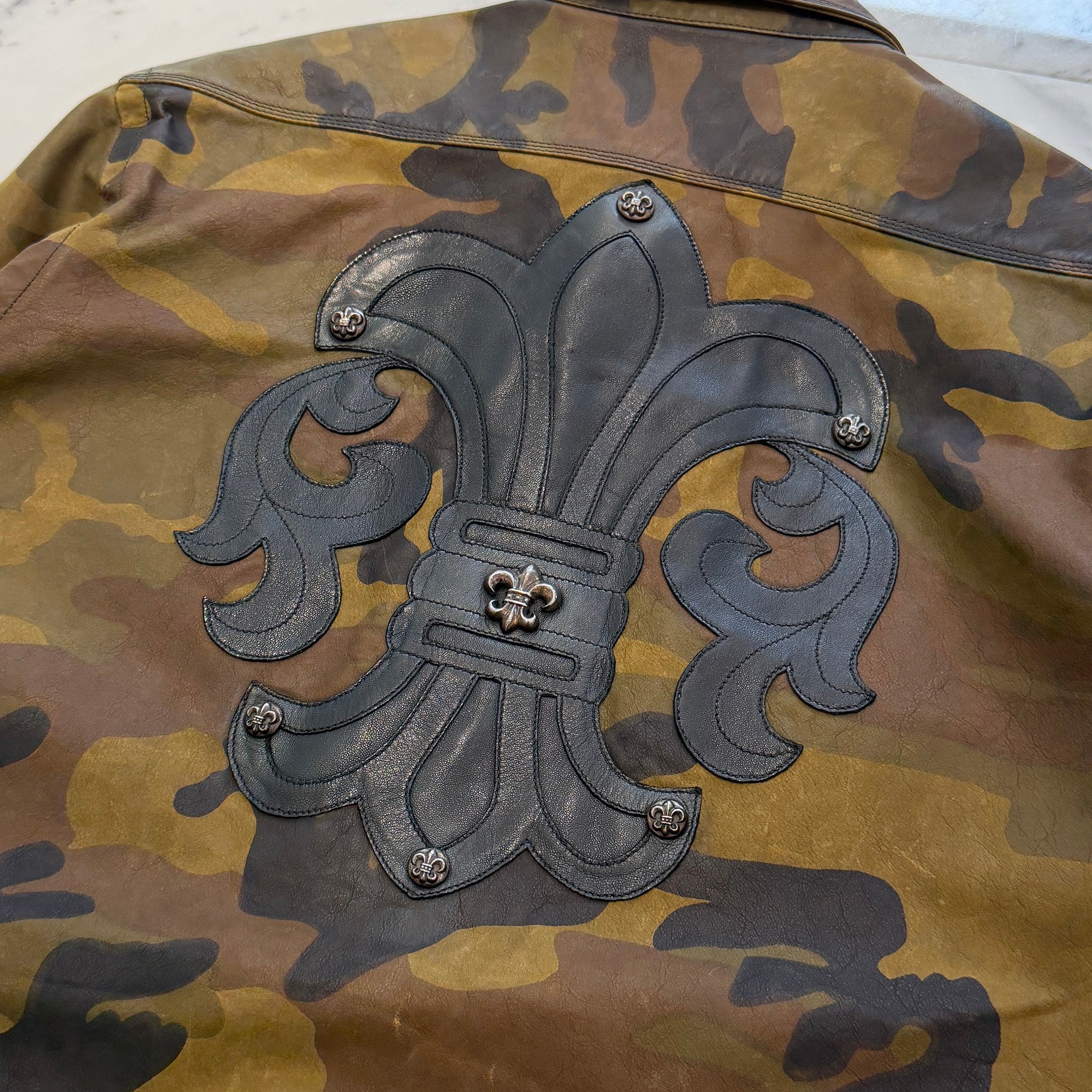 CHROME HEARTS BS Flare Patch Camouflage Leather Army Shirt Jacket Size M クロムハーツ BSフレアパッチ カモフラージュレザー アーミーシャツジャケット サイズM