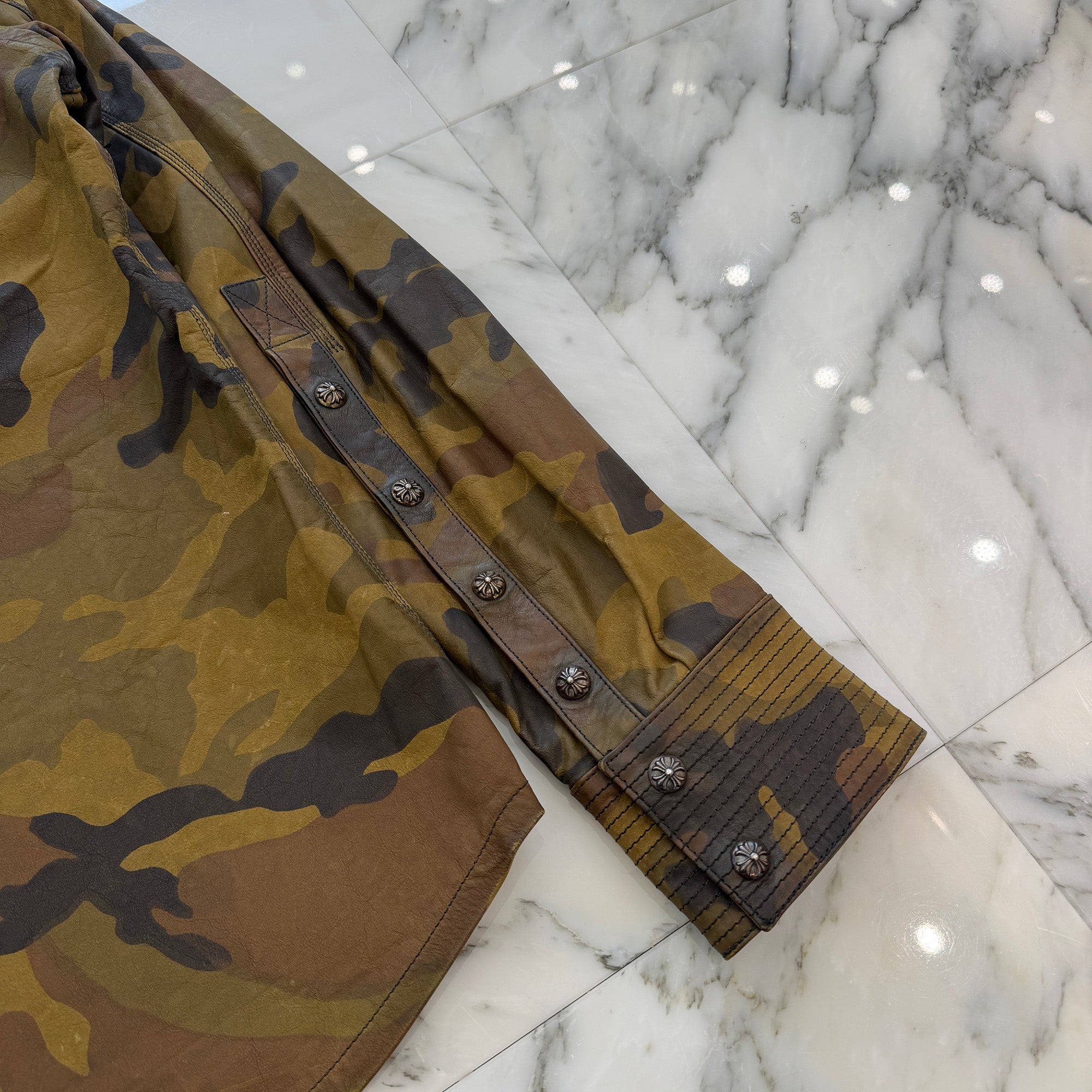 CHROME HEARTS BS Flare Patch Camouflage Leather Army Shirt Jacket Size M クロムハーツ BSフレアパッチ カモフラージュレザー アーミーシャツジャケット サイズM