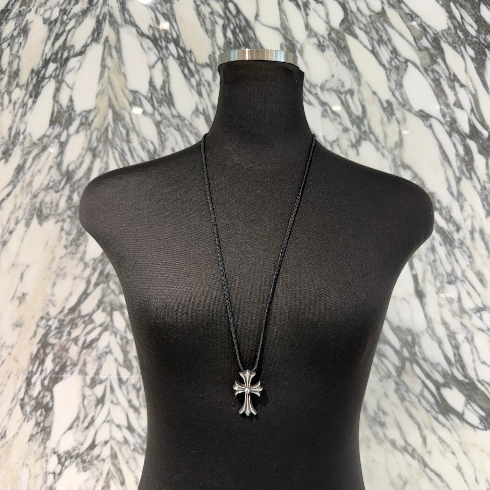 CHROME HEARTS Small CH Cross Leather Braid Necklace クロムハーツ スモール CHクロス レザーブレード ネックレス