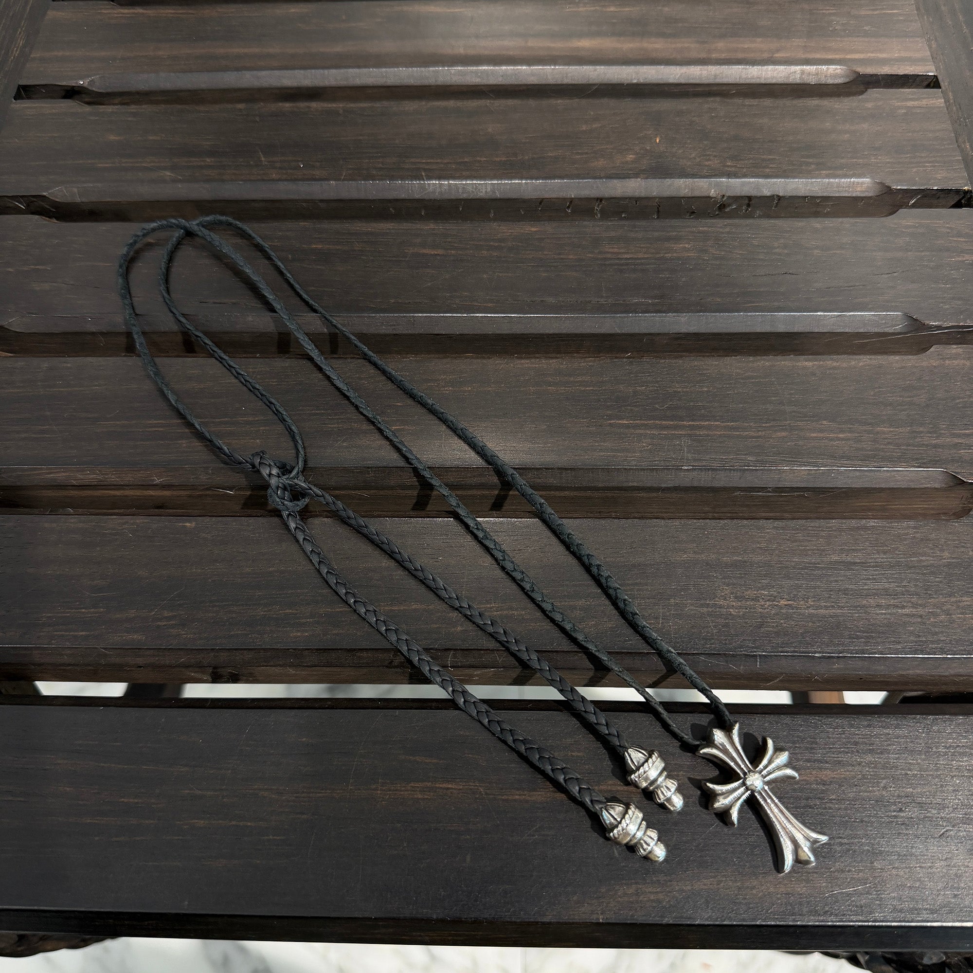 CHROME HEARTS Small CH Cross Leather Braid Necklace クロムハーツ スモール CHクロス レザーブレード ネックレス