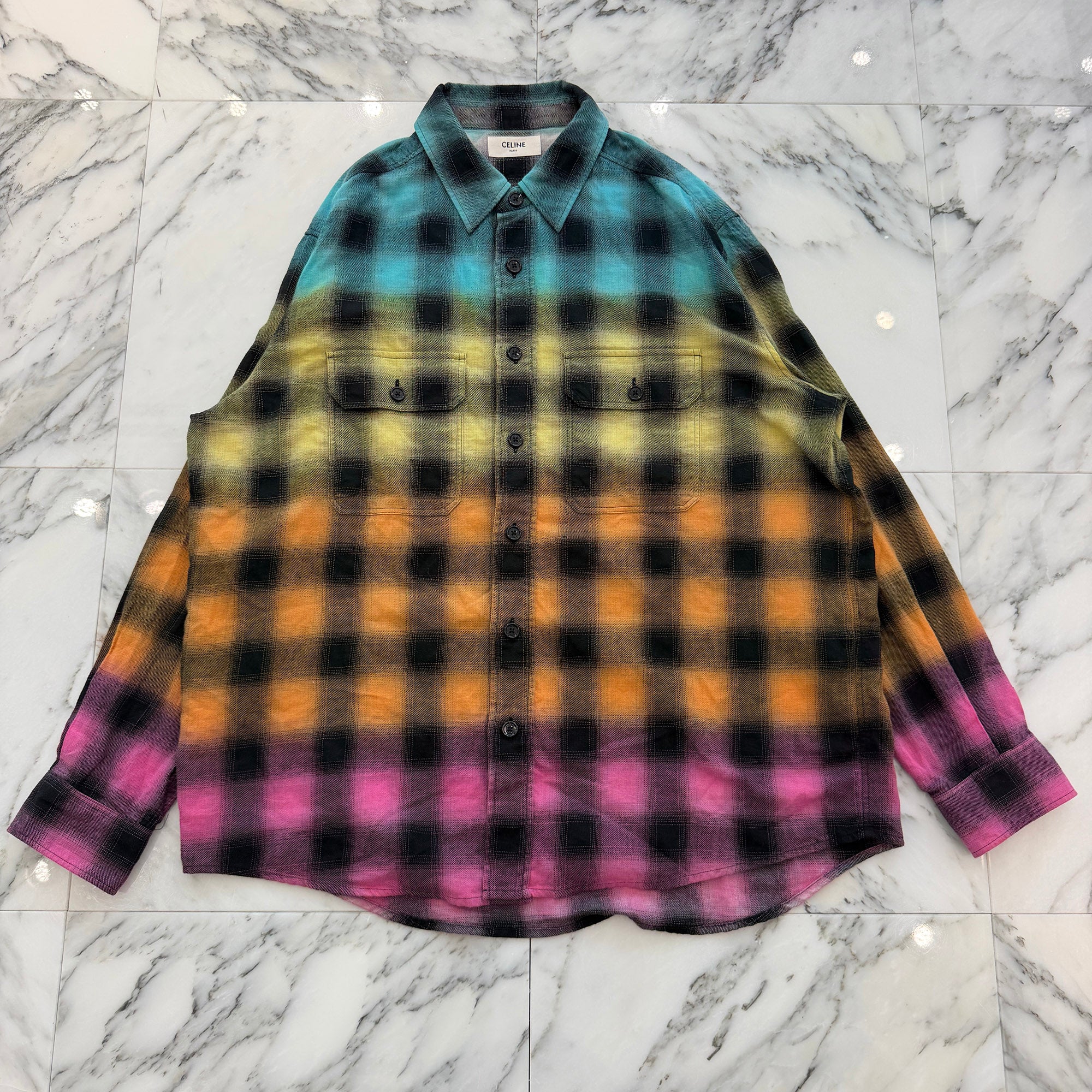 CELINE 2023SS Gradient Rainbow Check Loose Fit Shirt 2C574952T Size 39 セリーヌ グラデーション レインボー チェック ルーズシャツ サイズ39