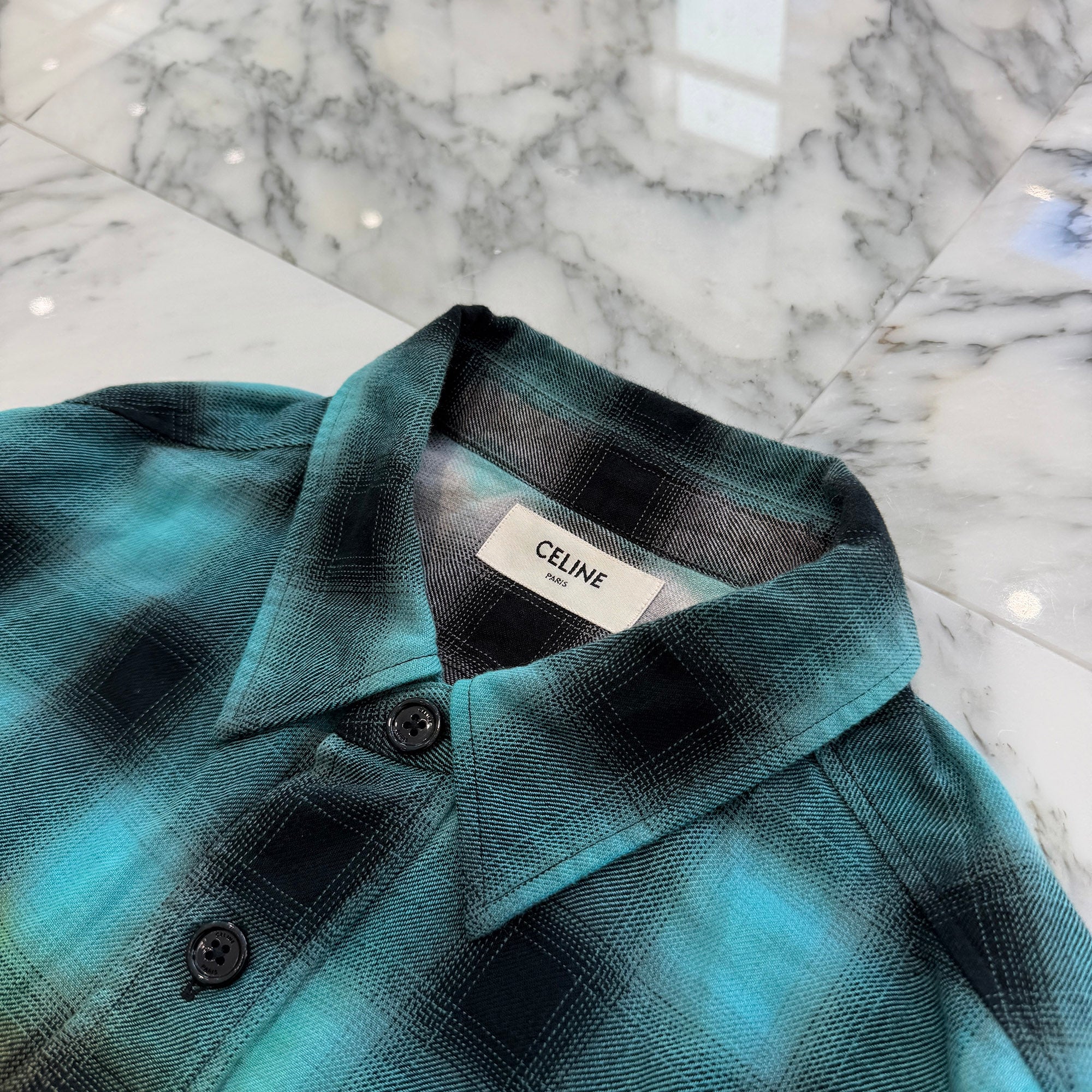 CELINE 2023SS Gradient Rainbow Check Loose Fit Shirt 2C574952T Size 39 セリーヌ グラデーション レインボー チェック ルーズシャツ サイズ39