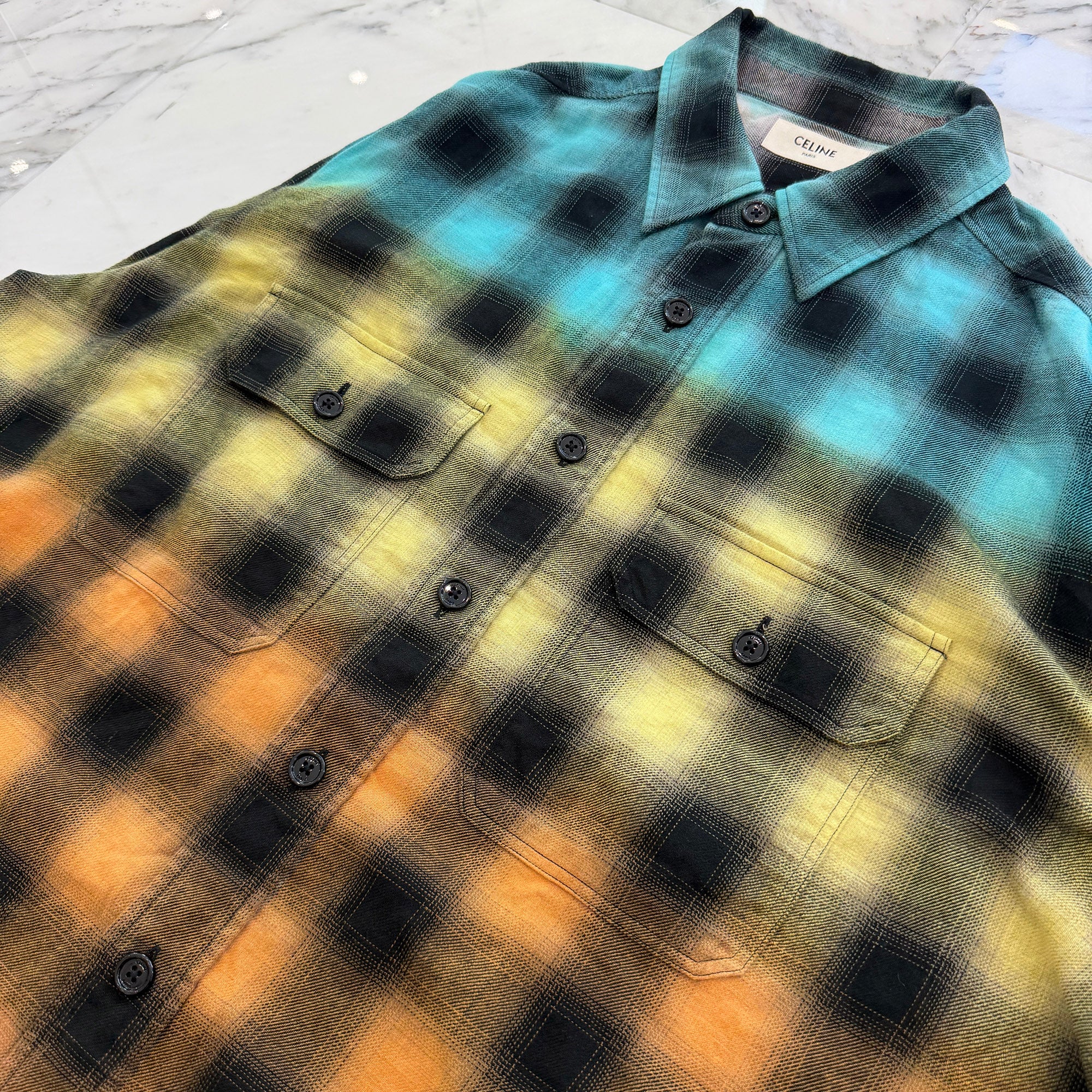 CELINE 2023SS Gradient Rainbow Check Loose Fit Shirt 2C574952T Size 39 セリーヌ グラデーション レインボー チェック ルーズシャツ サイズ39