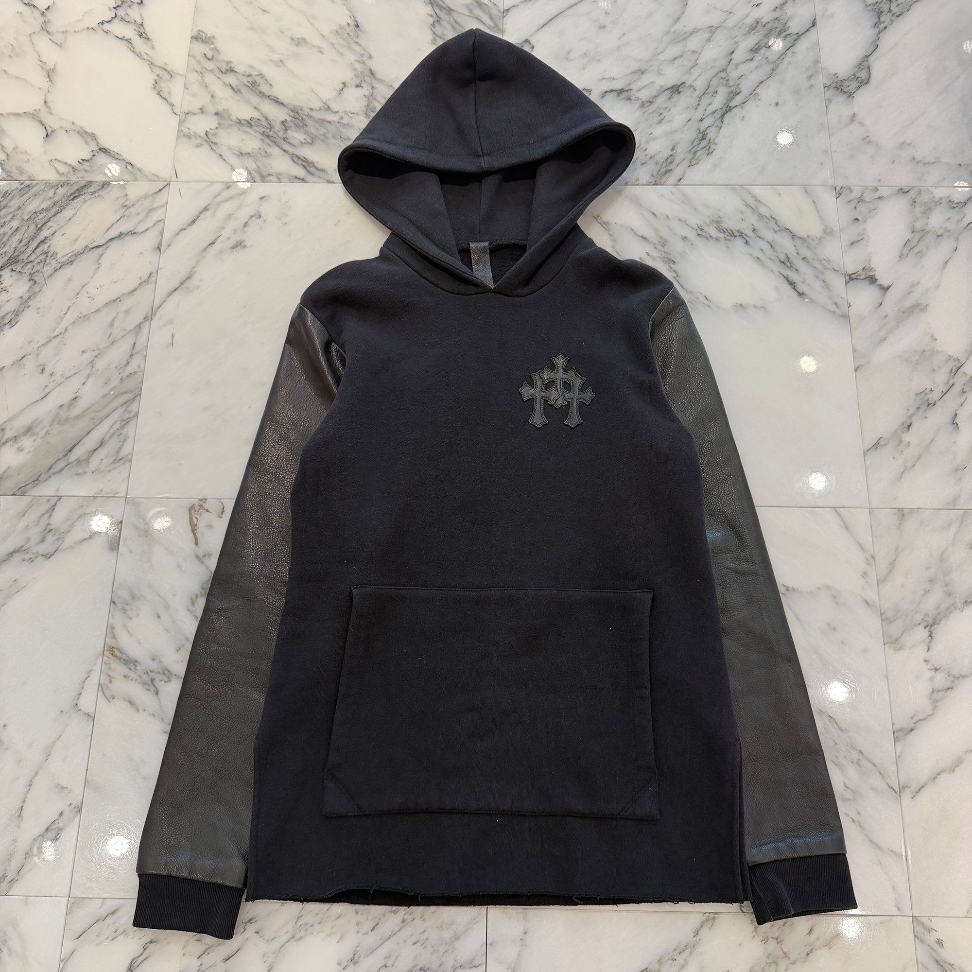 CHROME HEARTS Y NOT Leather Cross Patch Arm Leather Switching Pullover Hoodie Size S クロムハーツ ワイノット レザークロスパッチ アームレザー切替 プルオーバーフーディー サイズS