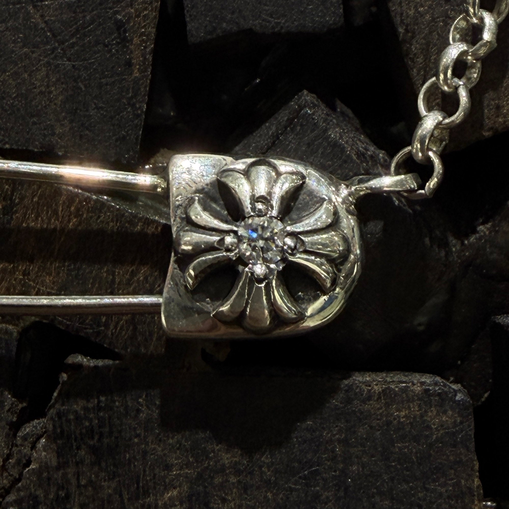 CHROME HEARTS Safety Pin 1 Diamond Roll Chain Necklace Size 16Inch クロムハーツ セーフティピン 1ダイヤモンド ロールチェーン ネックレス 16インチ
