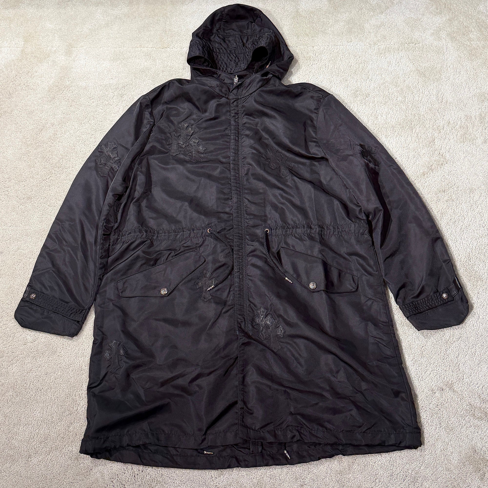 CHROME HEARTS Y NOT PUDDLES Cemetery Cross Leather Patch Zip Up Nylon Hooded Coat Size XL クロムハーツ ワイノット パドルズ セメタリークロス レザーパッチ ジップアップ ナイロン フーデッド コート サイズXL