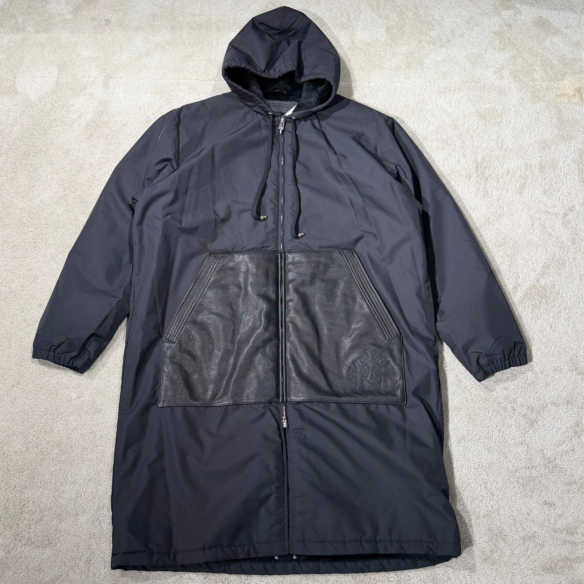 CHROME HEARTS Lucky Patch HURRICANE Dagger Zip Up Nylon Leather Long Coat Size XL クロムハーツ ラッキー パッチ ハリケーン ダガージップアップ ナイロンレザー ロングコート サイズXL