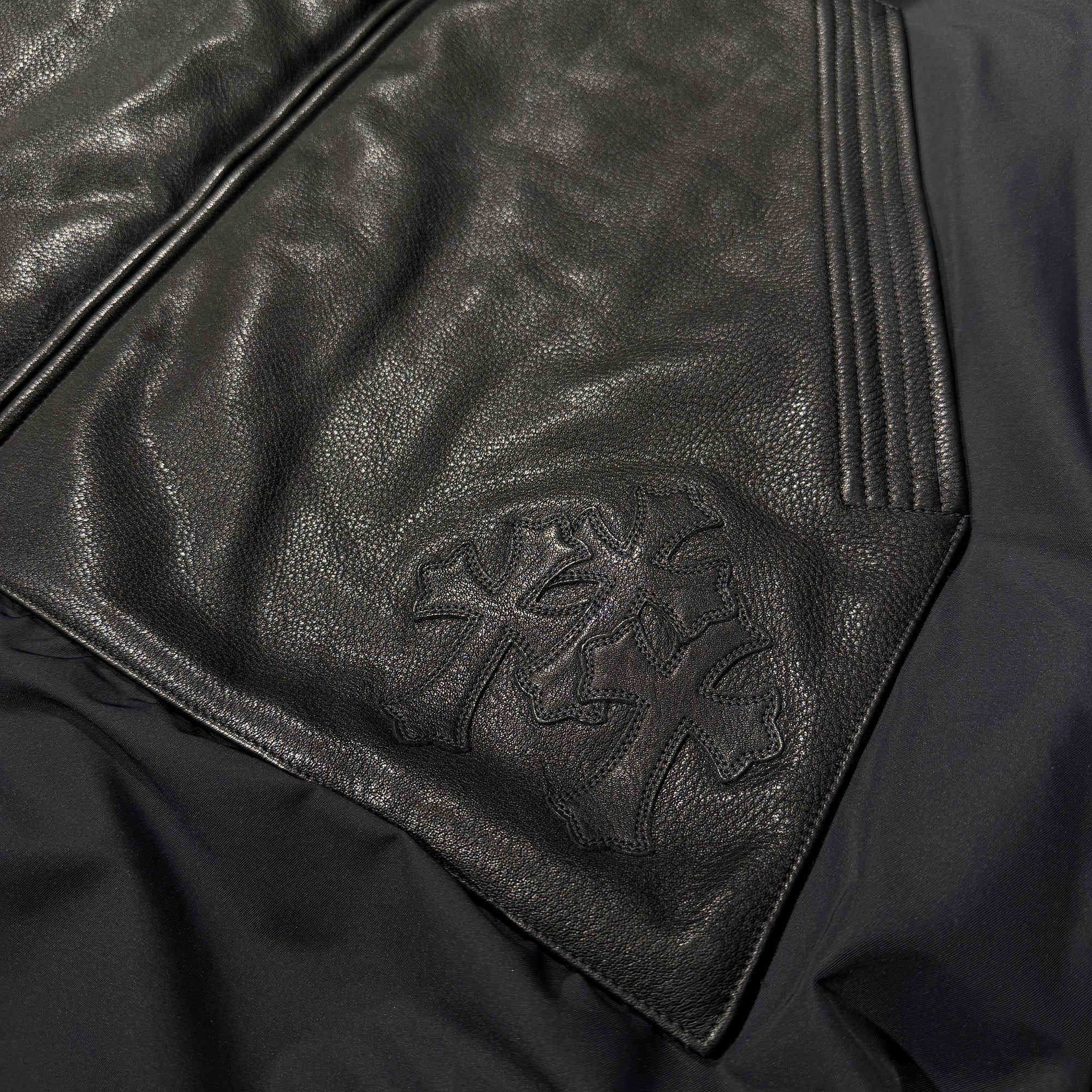 CHROME HEARTS Lucky Patch HURRICANE Dagger Zip Up Nylon Leather Long Coat Size XL クロムハーツ ラッキー パッチ ハリケーン ダガージップアップ ナイロンレザー ロングコート サイズXL