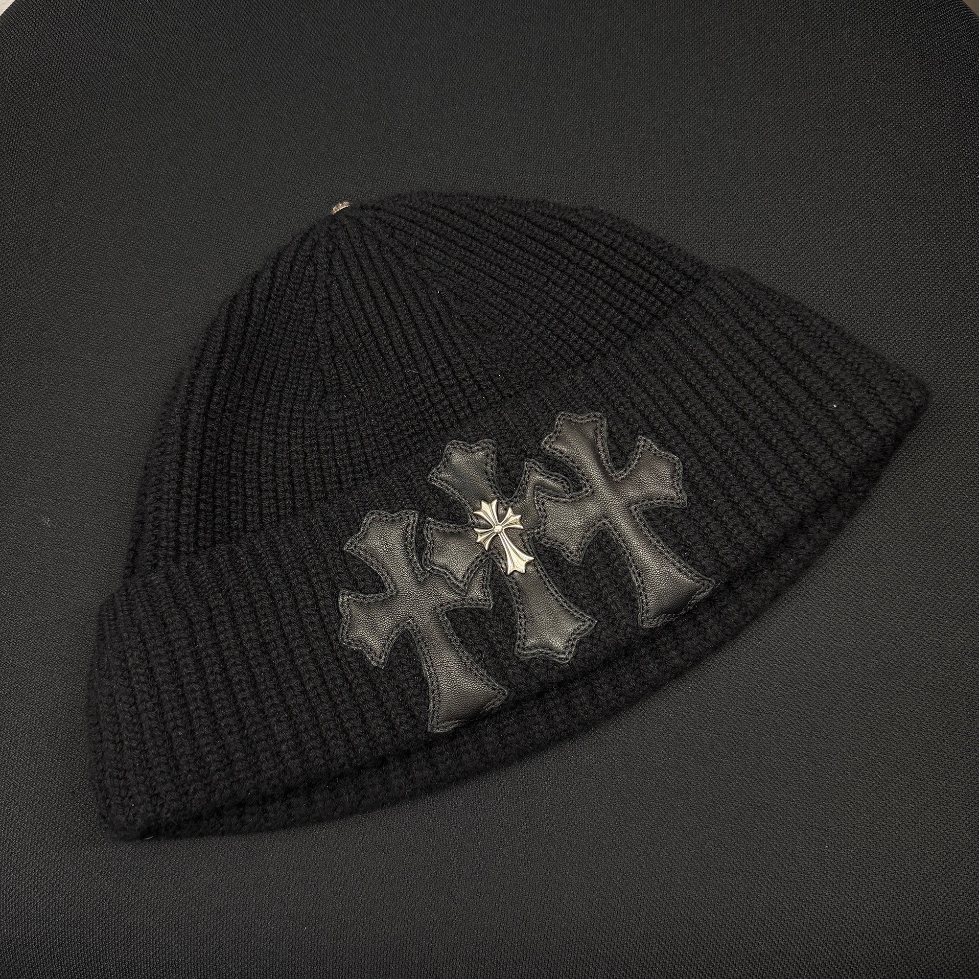 CHROME HEARTS CH Cross Leather Cemetery Cross Patch Cashmere Beanie Size ONE SIZE (22cm) クロムハーツ CHクロス レザーセメタリークロスパッチ カシミヤビーニー サイズONE SIZE (22cm)