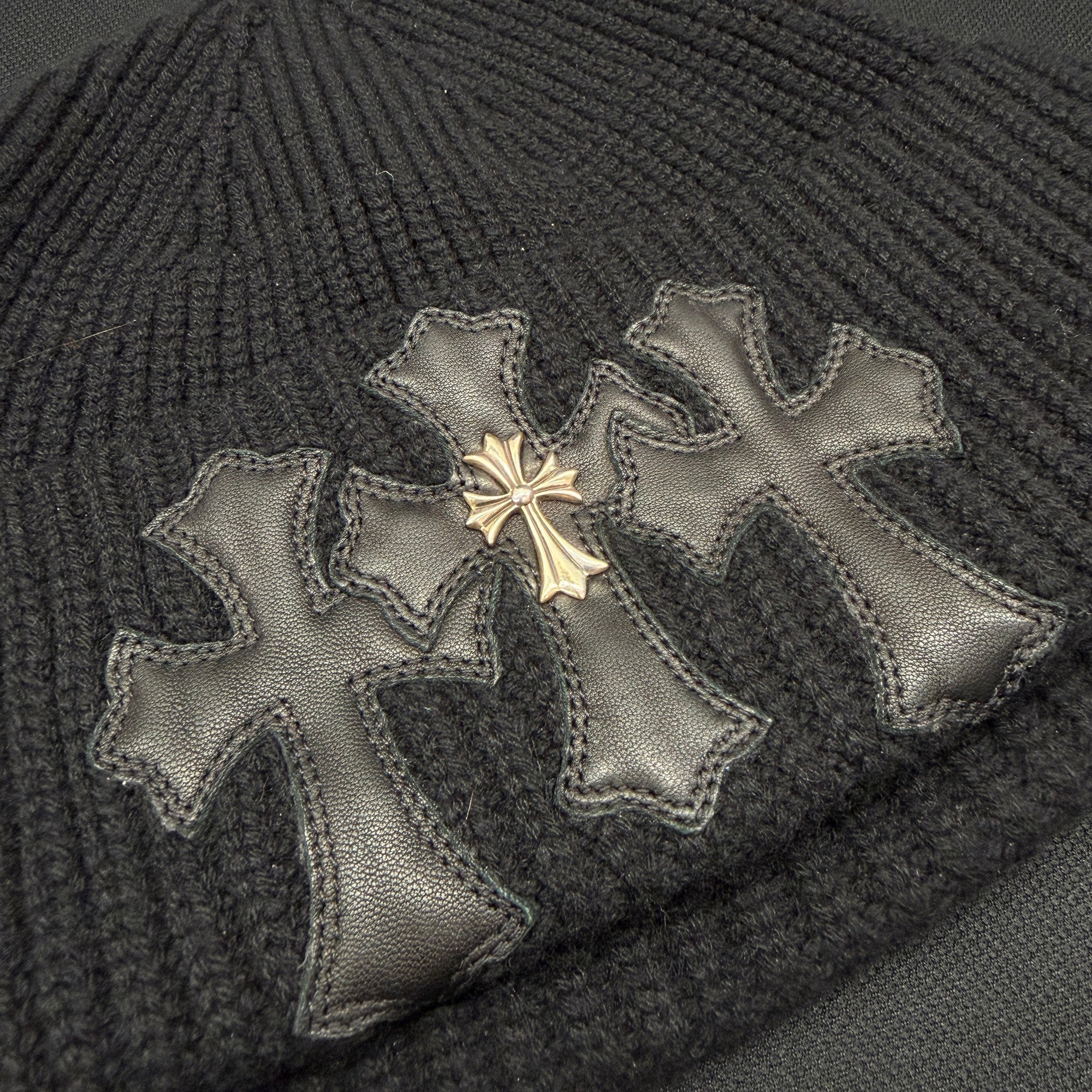 CHROME HEARTS CH Cross Leather Cemetery Cross Patch Cashmere Beanie Size ONE SIZE (22cm) クロムハーツ CHクロス レザーセメタリークロスパッチ カシミヤビーニー サイズONE SIZE (22cm)