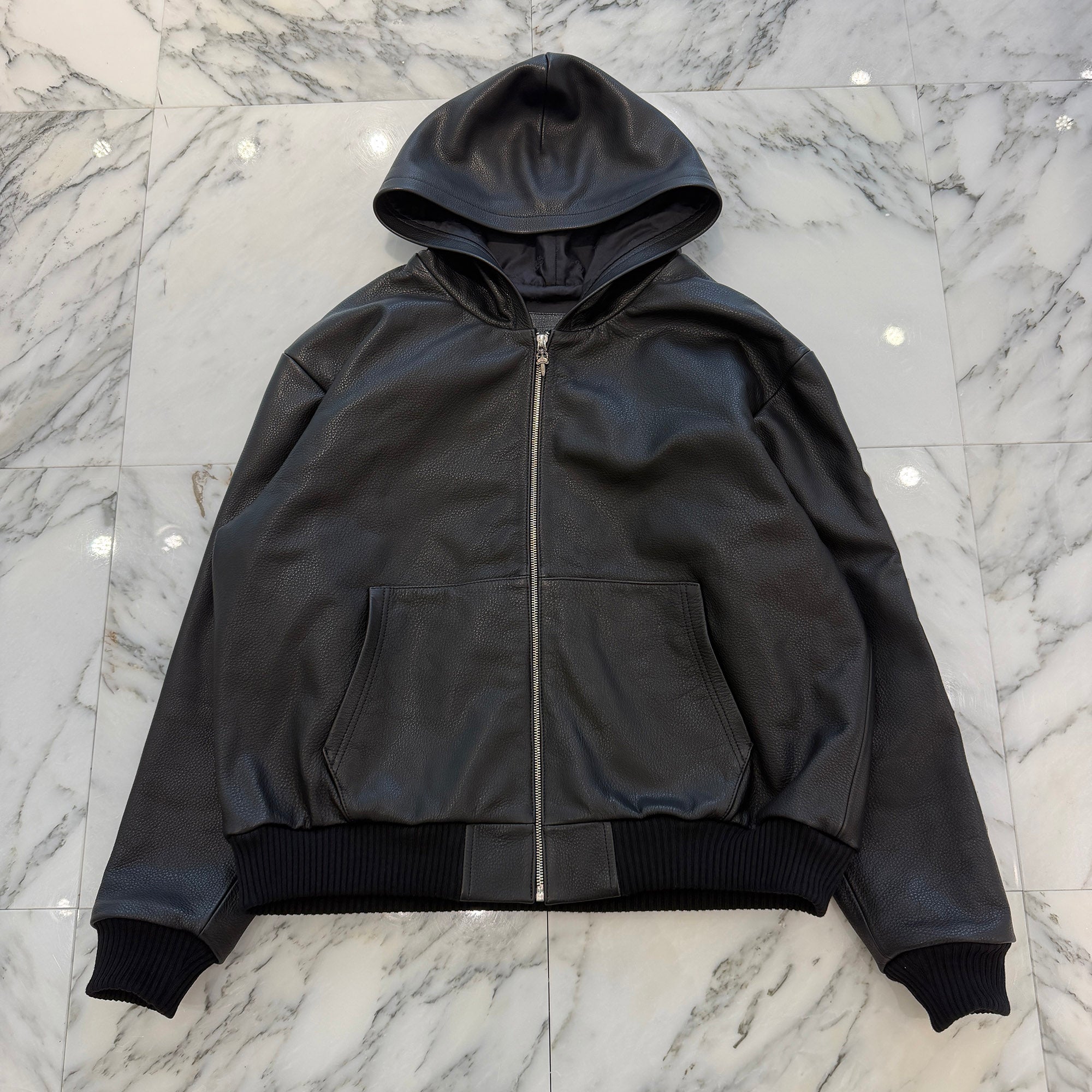 CHROME HEARTS Arm Logo Patch Leather Zip Up Hoodie Size S クロムハーツ アームロゴパッチ レザー ジップ アップ フーディー サイズS
