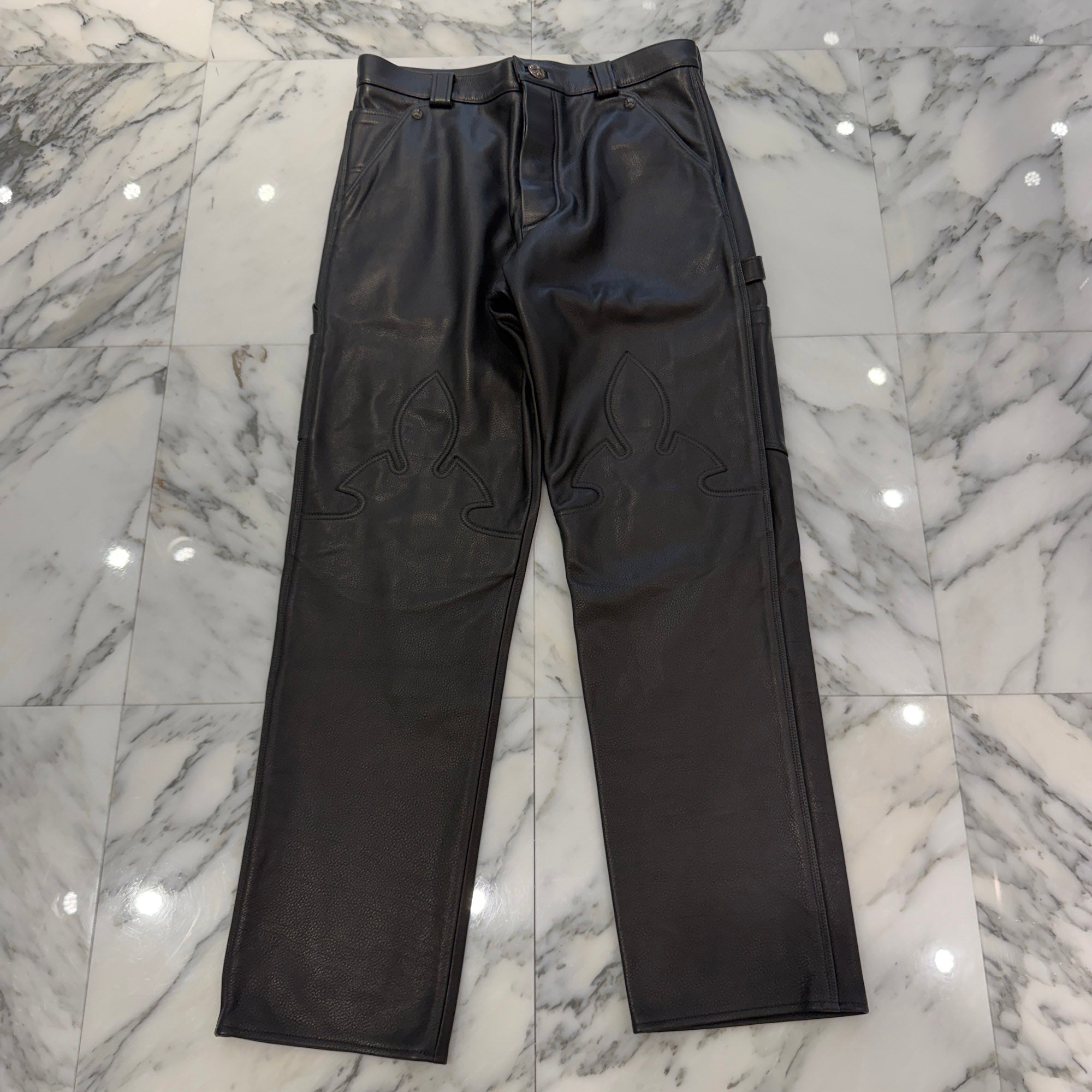 CHROME HEARTS Flare Knee Cross Ball Button Leather Pants Size 32 クロムハーツ フレアニー クロスボールボタン レザーパンツ サイズ32