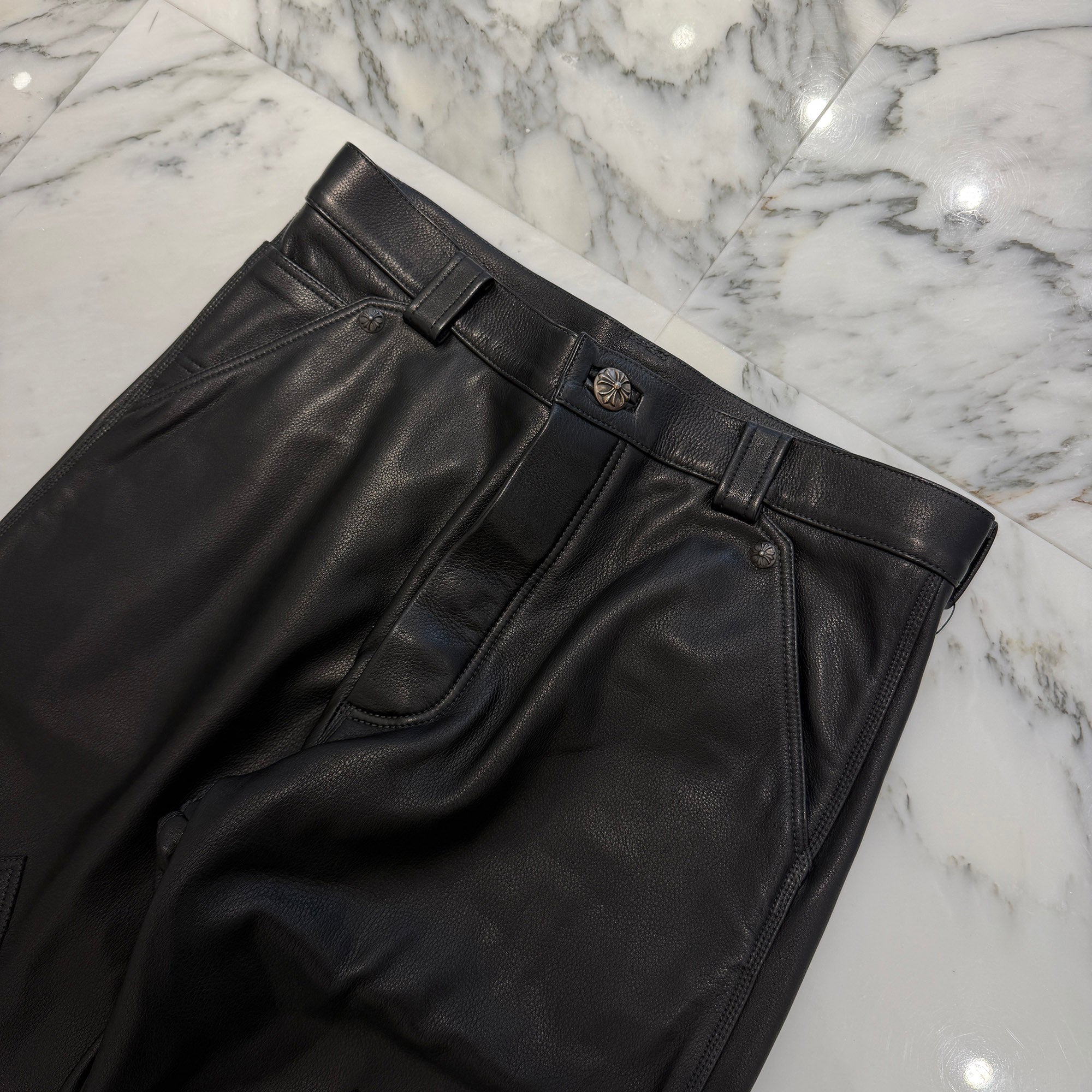 CHROME HEARTS Flare Knee Cross Ball Button Leather Pants Size 32 クロムハーツ フレアニー クロスボールボタン レザーパンツ サイズ32
